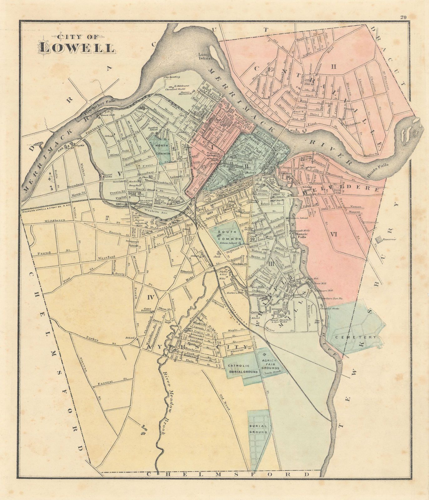 City of Lowell, Massachusetts. Town plan. BAKER, WALLING & GRAY 1871 old map
