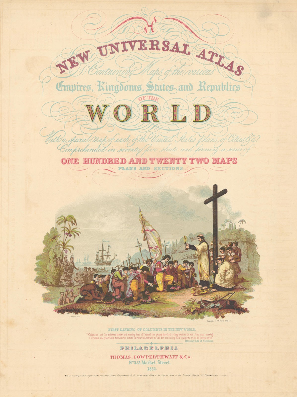 New Universal Atlas. Columbus first landing in the New World. COWPERTHWAIT 1852