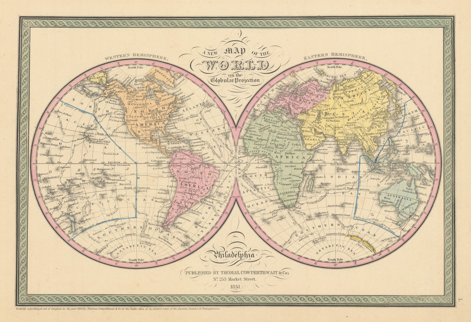 A new map of the World on the Globular Projection. COWPERTHWAIT 1852 old