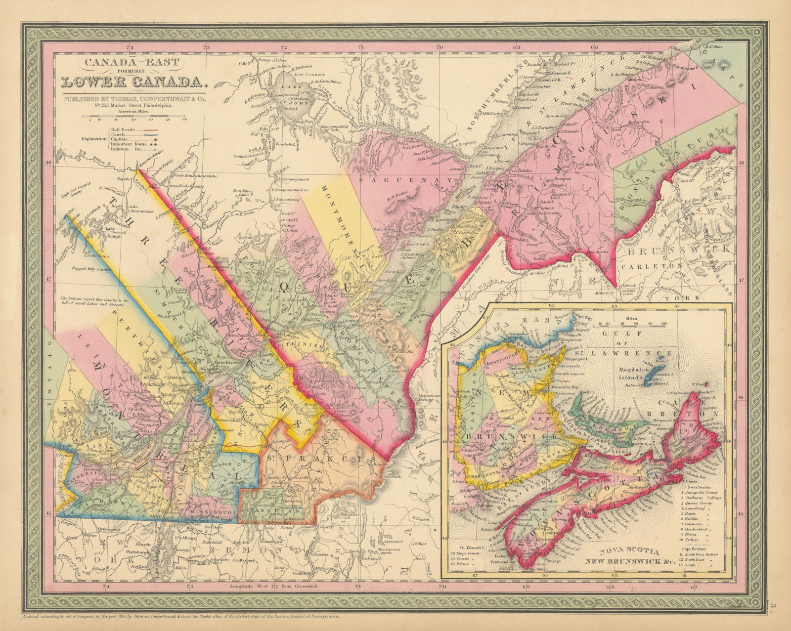 Canada East formerly Lower Canada. Nova Scotia & NB. COWPERTHWAIT 1852 old map