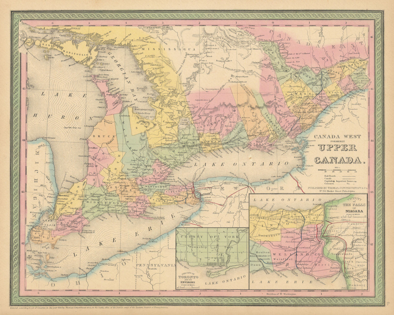 Canada West formerly Upper Canada. Toronto Niagara. COWPERTHWAIT 1852 old map