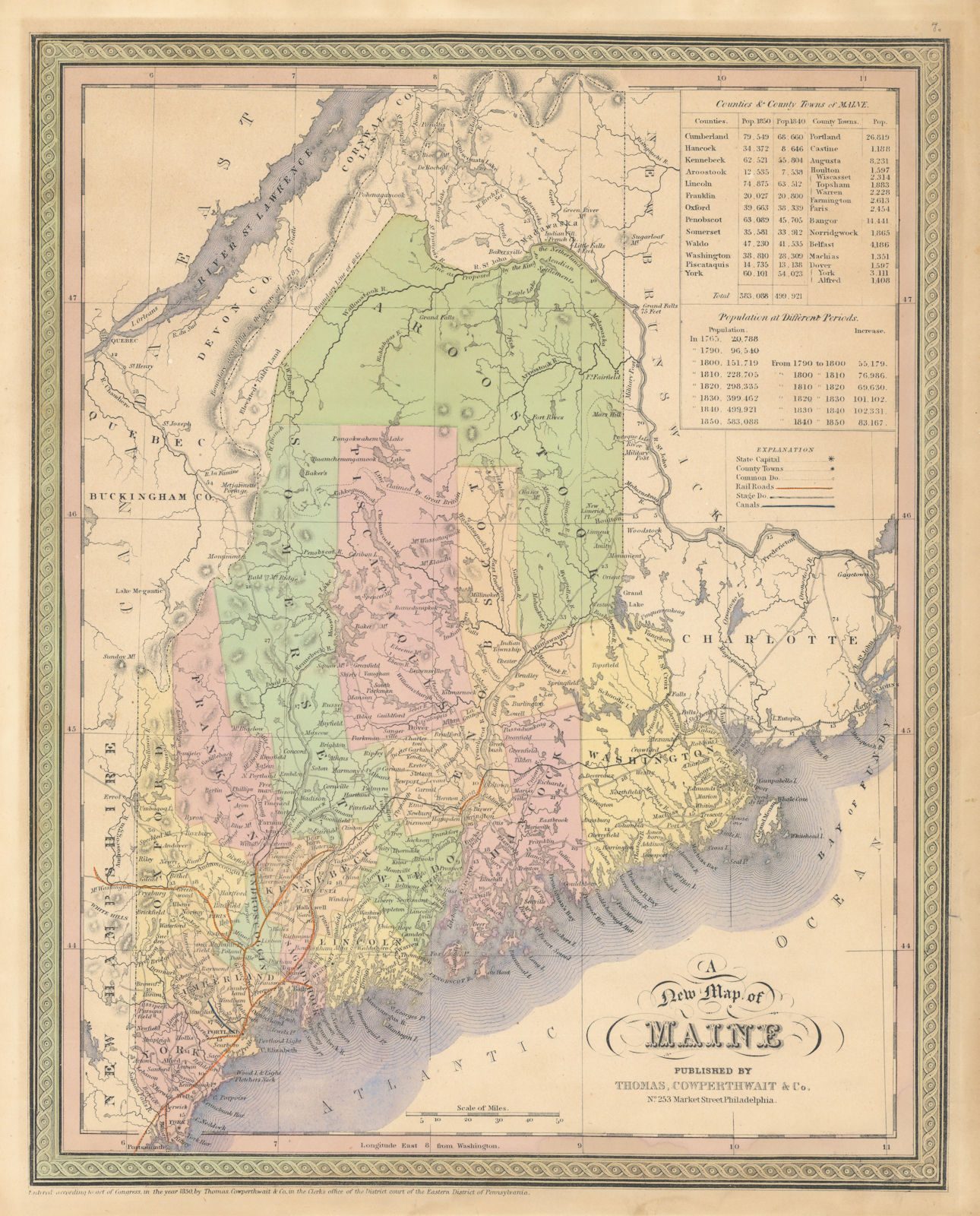 A new map of Maine. State map with counties. THOMAS, COWPERTHWAIT 1852 old