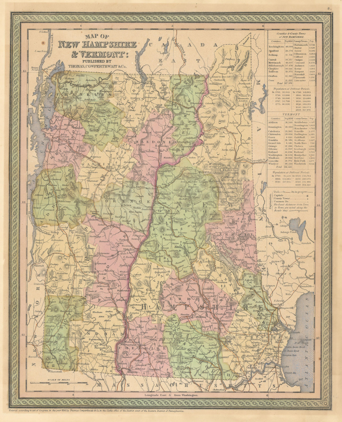 Map of New Hampshire & Vermont. State map with counties. COWPERTHWAIT 1852