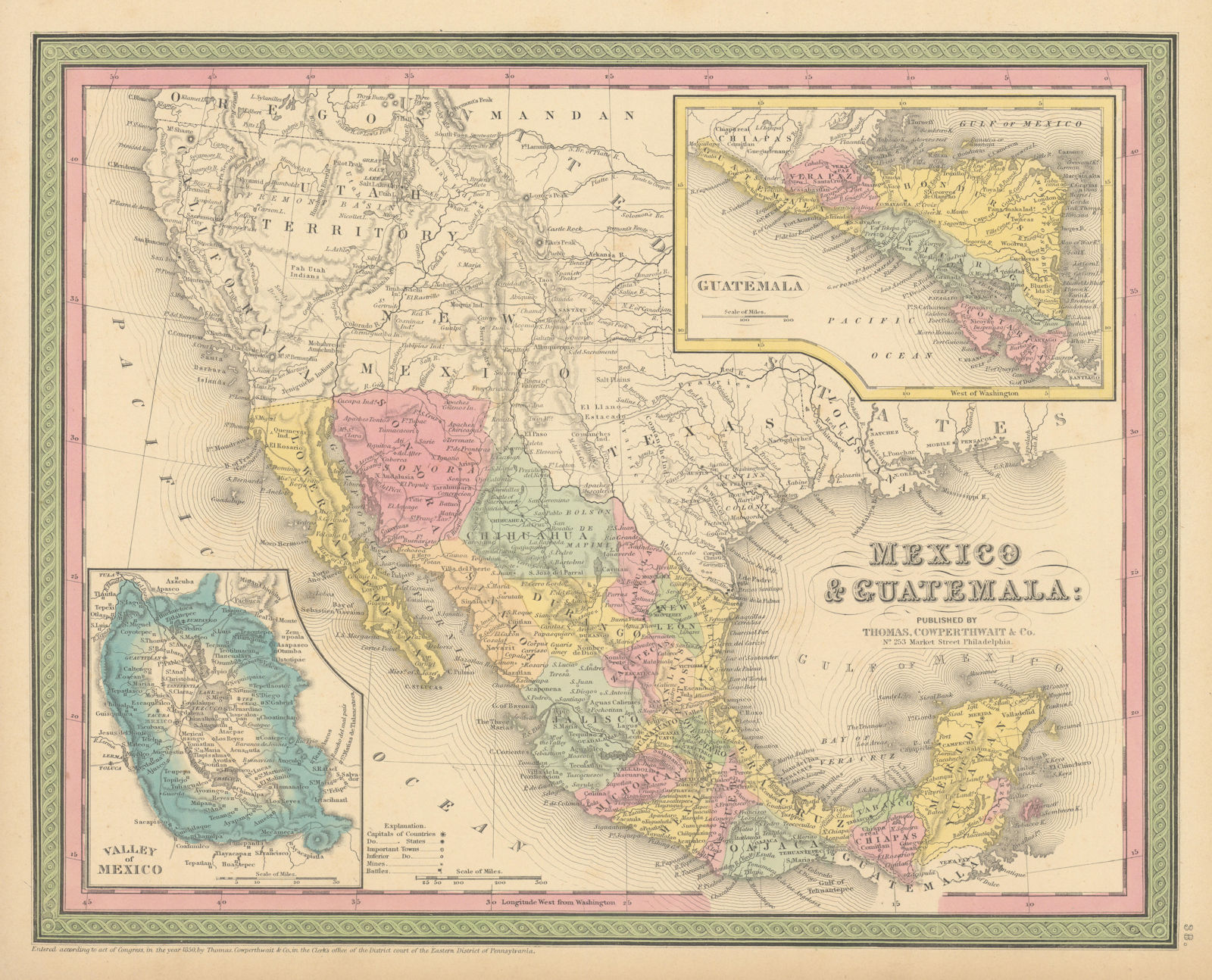 Mexico & Guatemala. Valley of Mexico City. Central America COWPERTHWAIT 1852 map