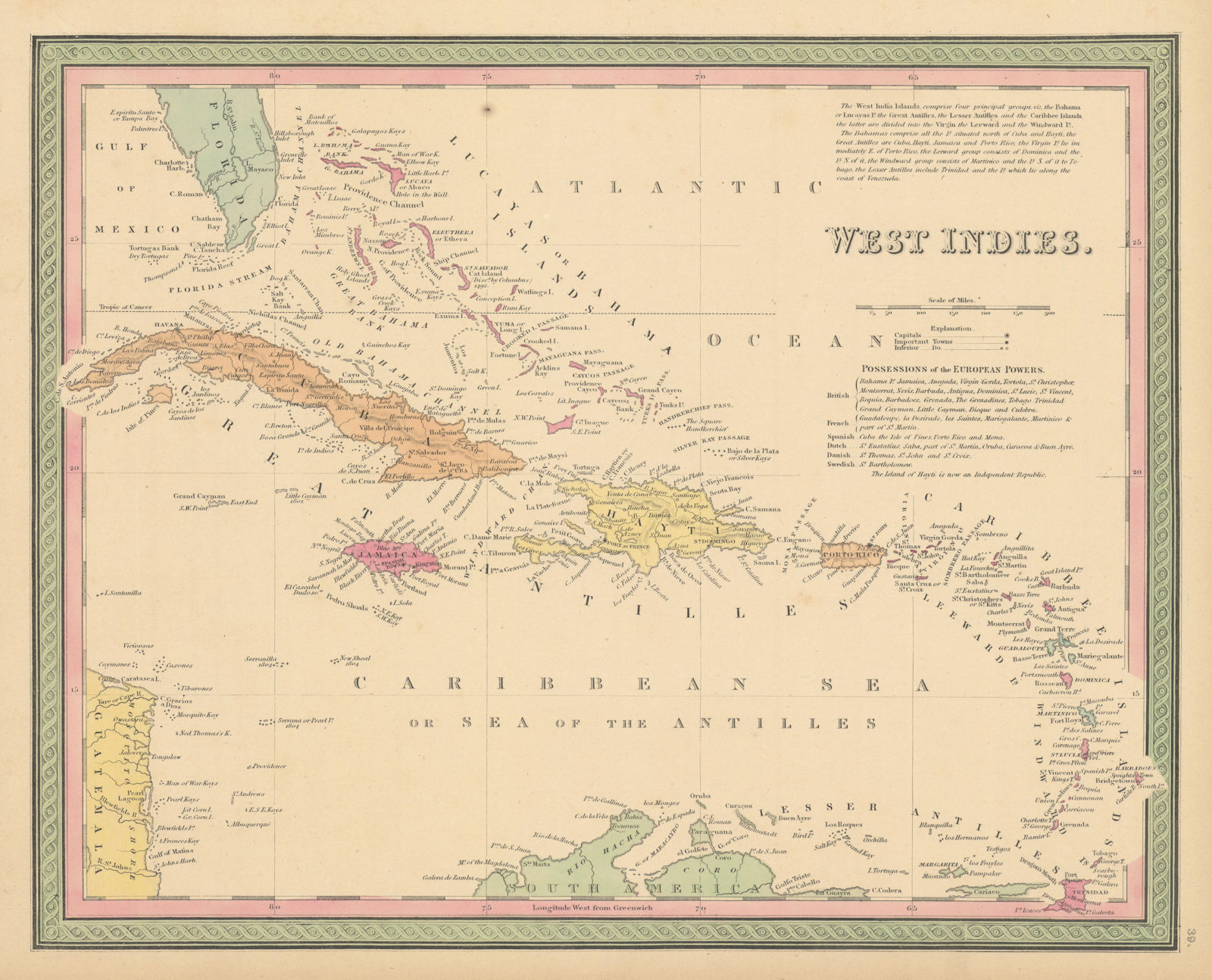 West Indies. Caribbean Islands. THOMAS, COWPERTHWAIT 1852 old antique map