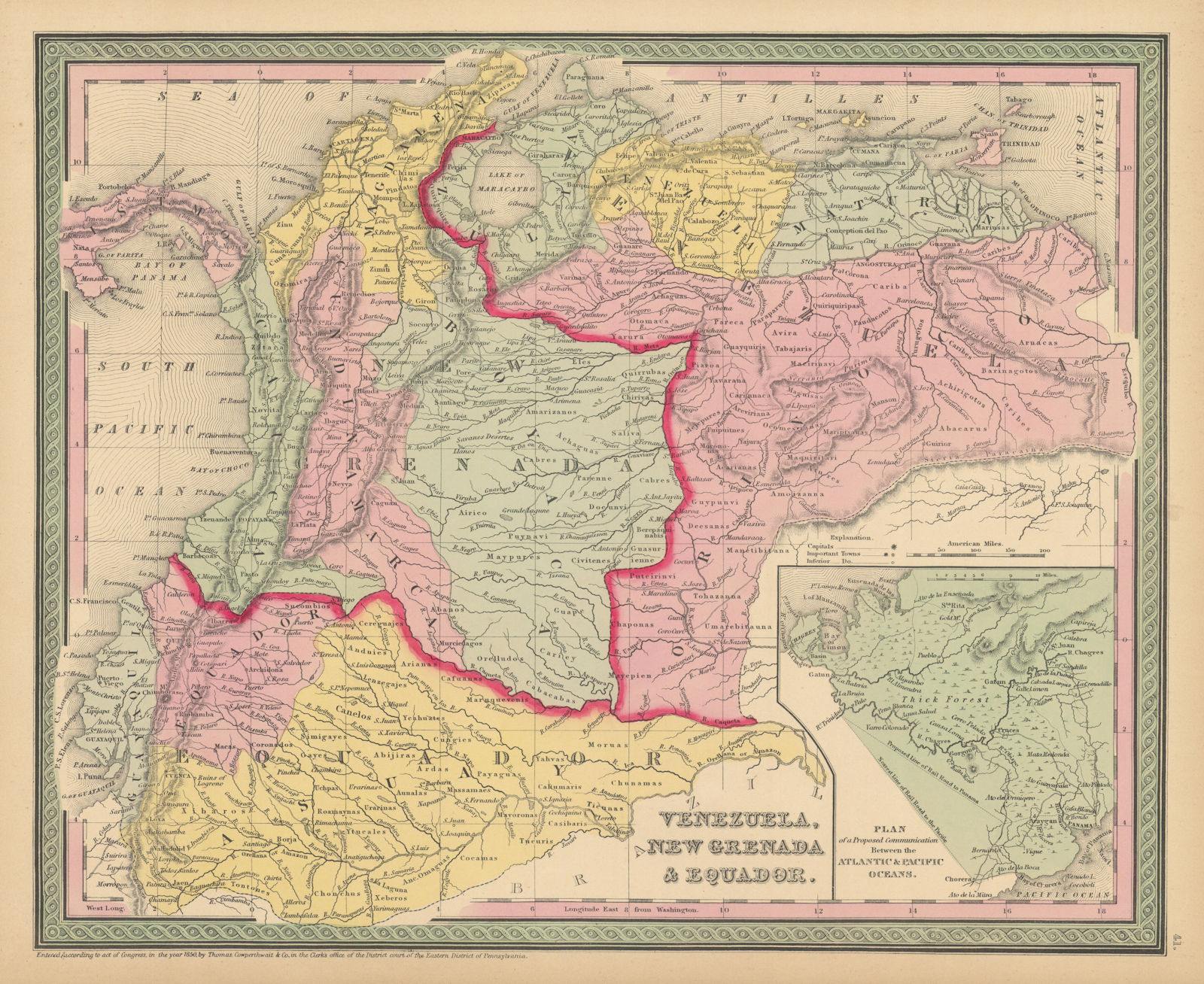 Venezuela, New Grenada & Equador. Panama canal proposal. COWPERTHWAIT 1852 map