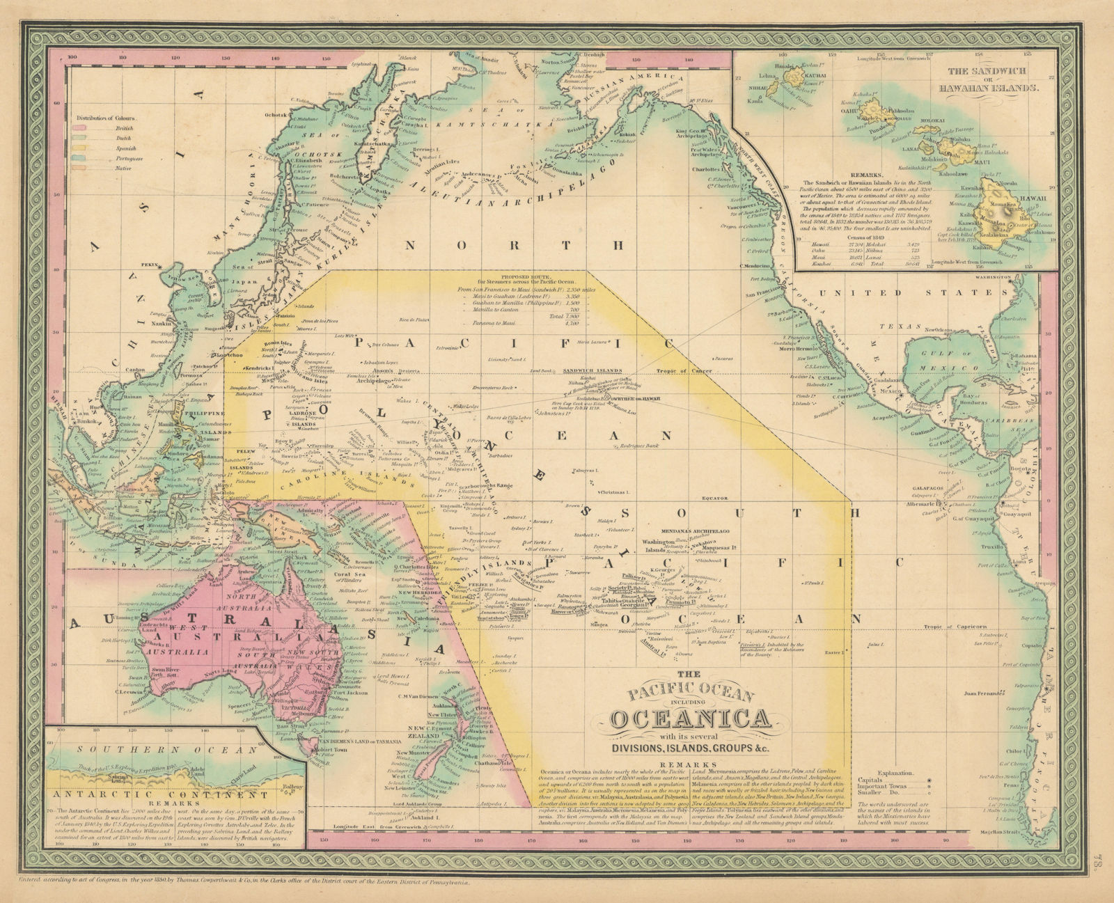Pacific Ocean inc. Oceanica. Sandwich or Hawaiian Islands. COWPERTHWAIT 1852 map