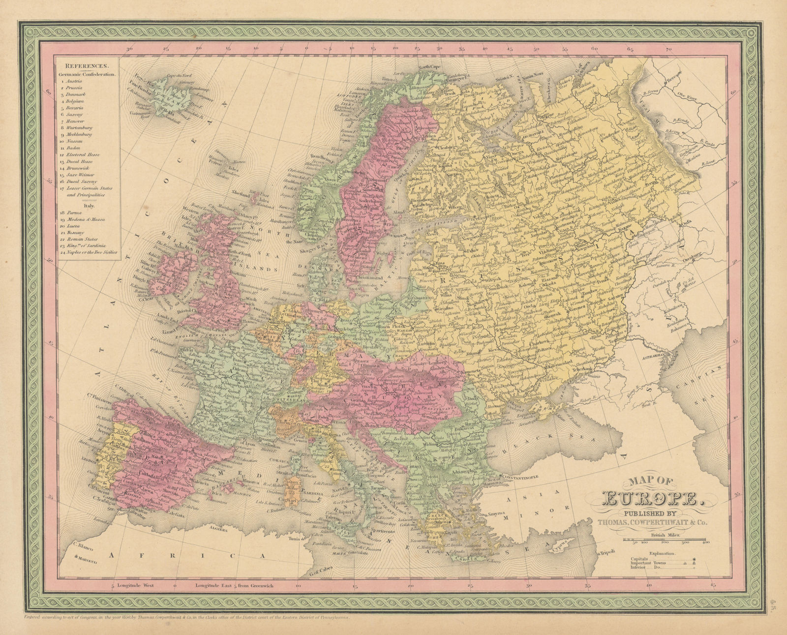 Map of Europe by Thomas, Cowperthwait & Co. 1852 old antique plan chart