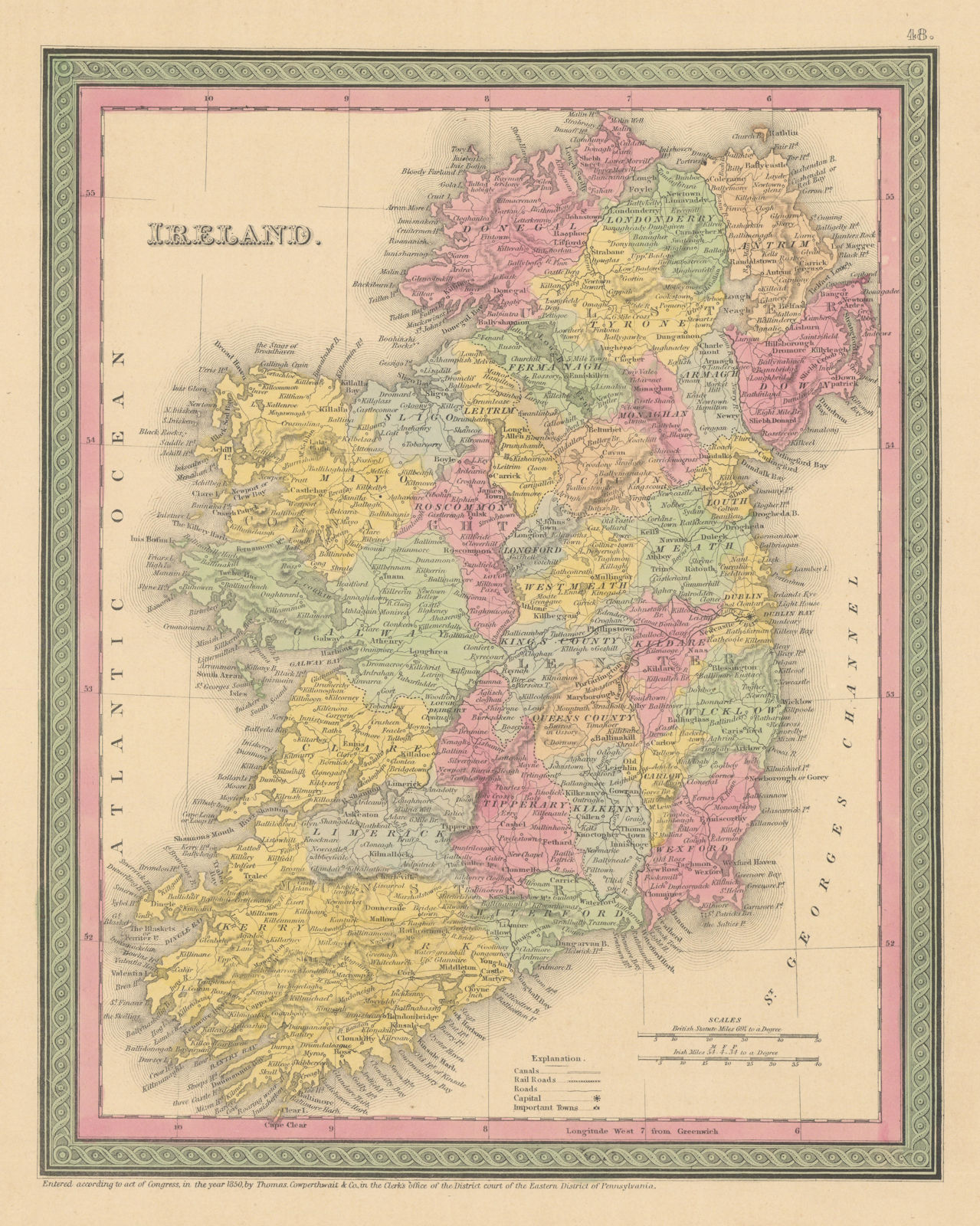 Ireland. Counties & canals. THOMAS, COWPERTHWAIT 1852 old antique map chart