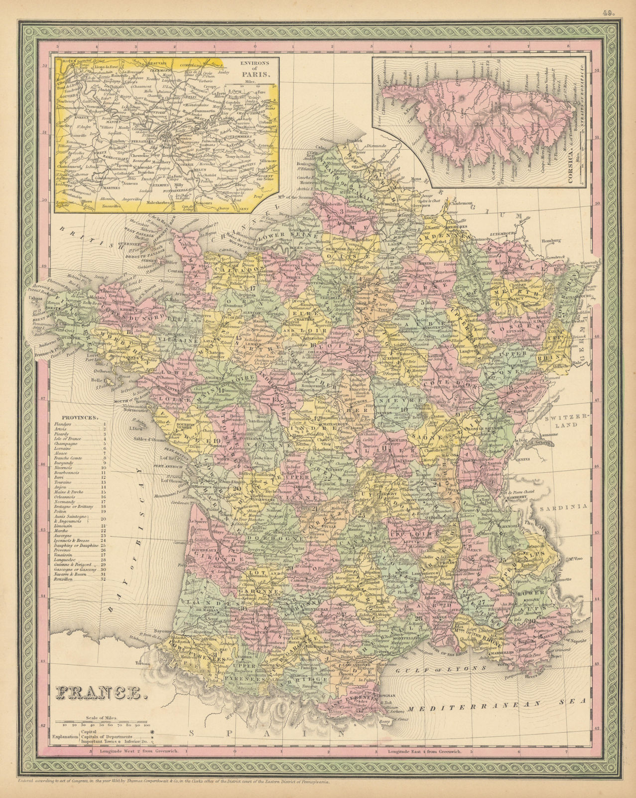 France in departments, without Alps/Savoie. THOMAS, COWPERTHWAIT 1852 old map