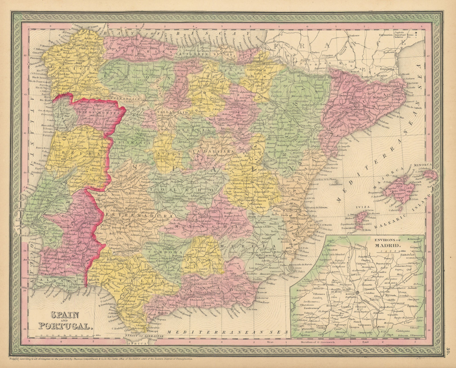 Spain and Portugal. Iberia. THOMAS, COWPERTHWAIT 1852 old antique map chart