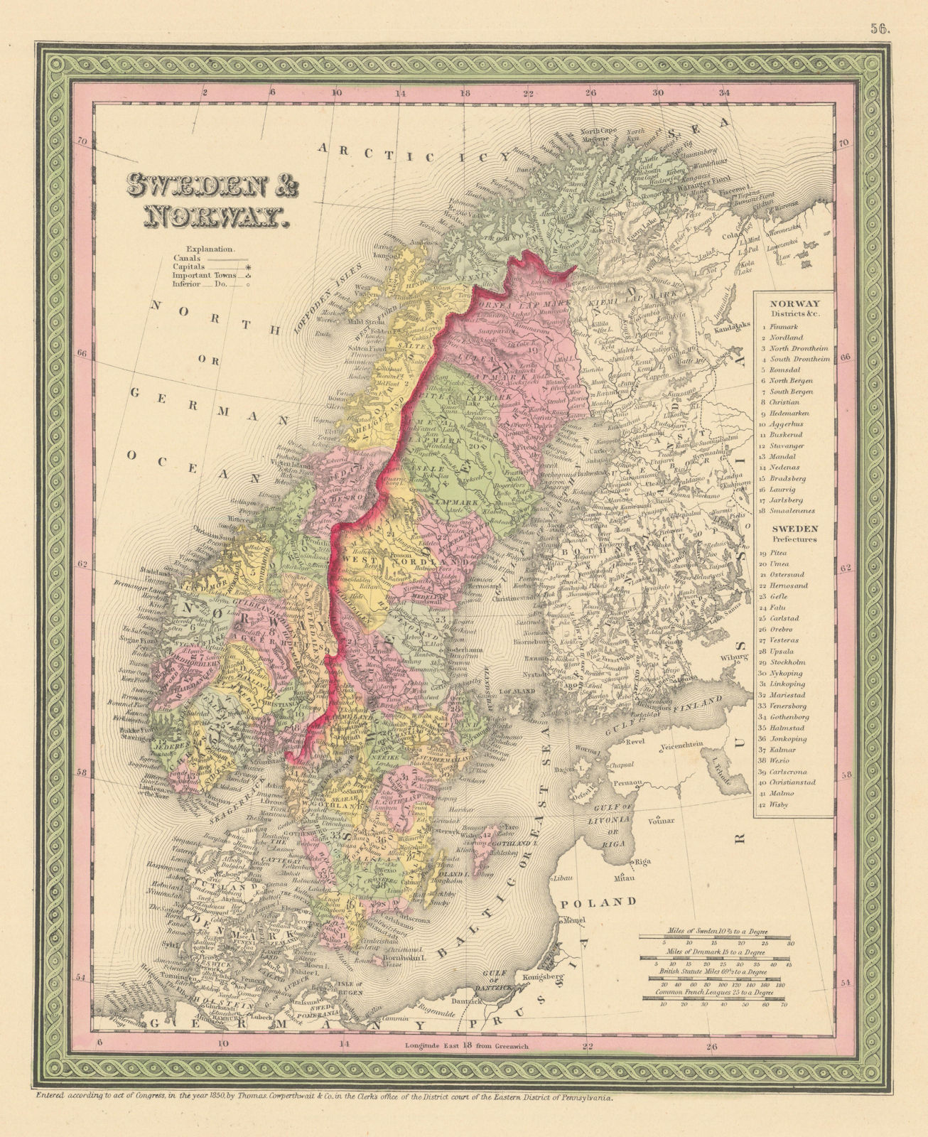Sweden & Norway. Scandinavia. THOMAS, COWPERTHWAIT 1852 old antique map chart