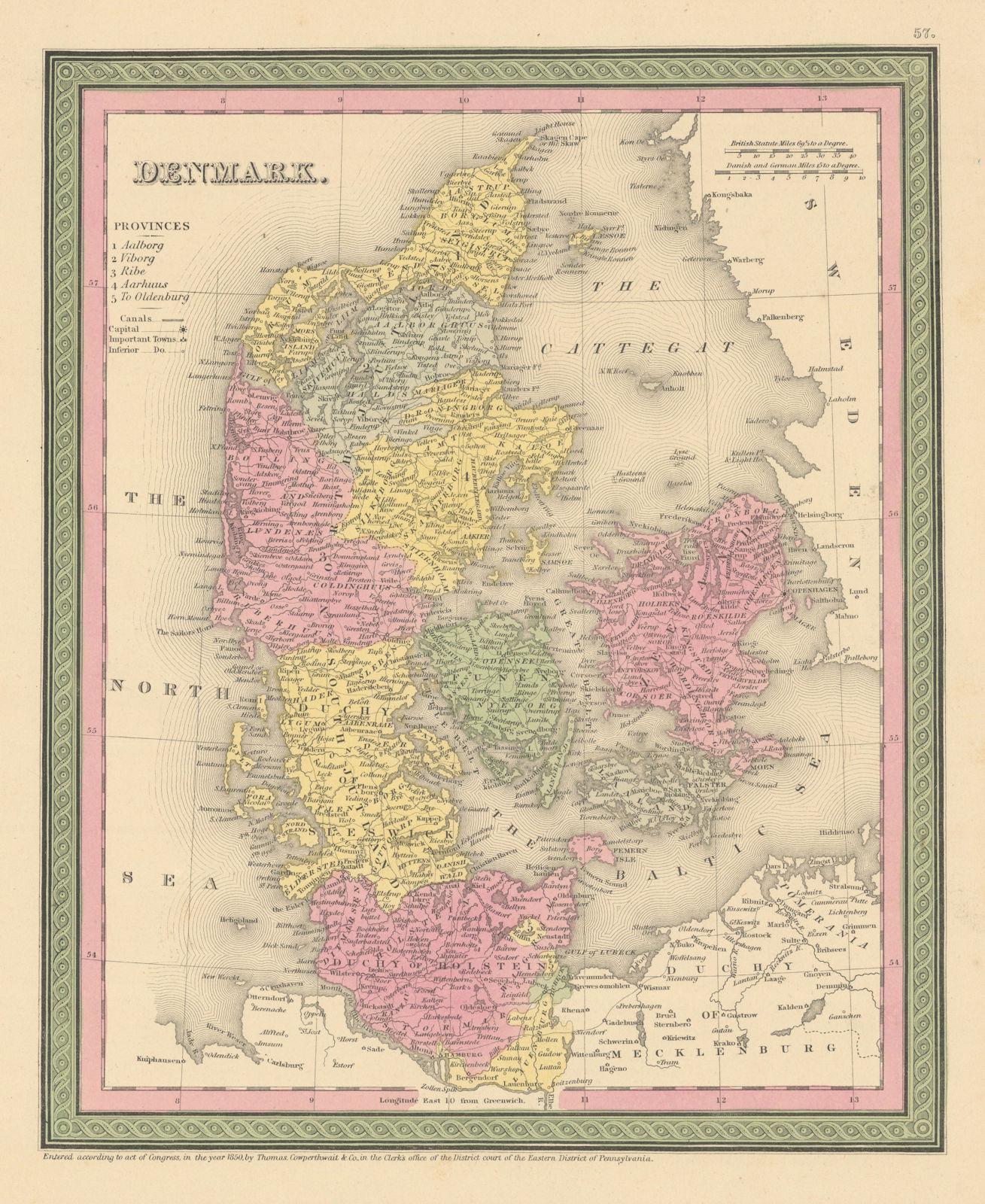 Denmark, including Schleswig Holstein. THOMAS, COWPERTHWAIT 1852 old map