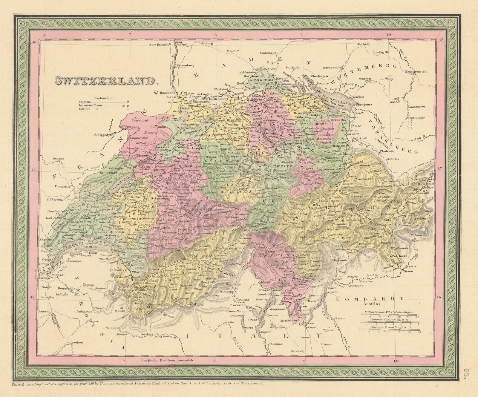 Associate Product Switzerland. Schweiz Suisse. THOMAS, COWPERTHWAIT 1852 old antique map chart