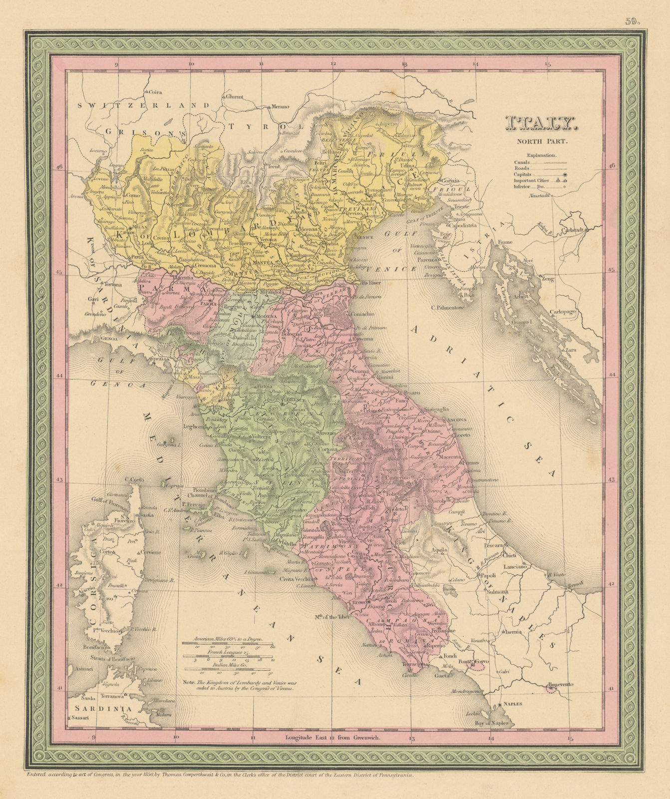 Italy, north part. State of the Church Tuscany Lombardy. COWPERTHWAIT 1852 map
