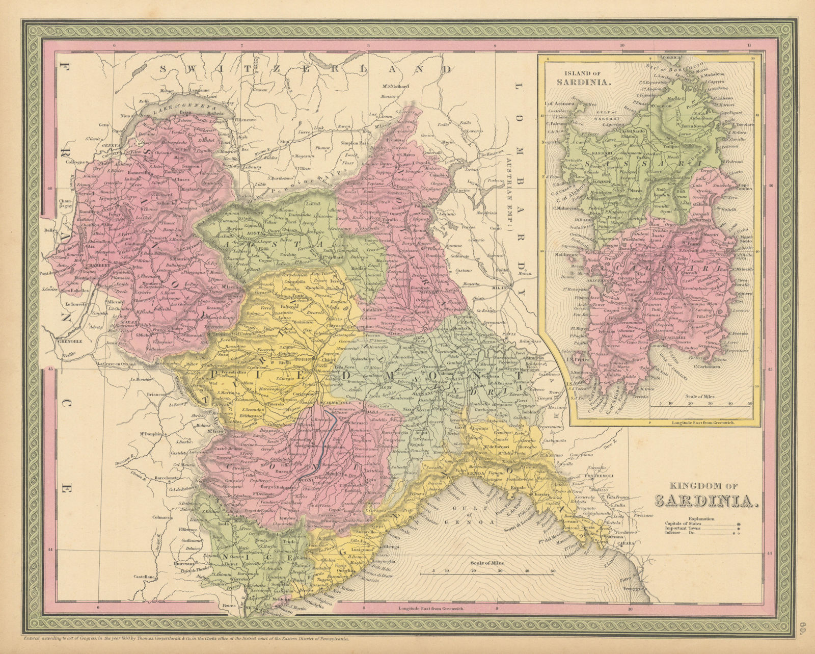 Kingdom of Sardinia. French Alps. Piedmont Savoie Aosta. COWPERTHWAIT 1852 map