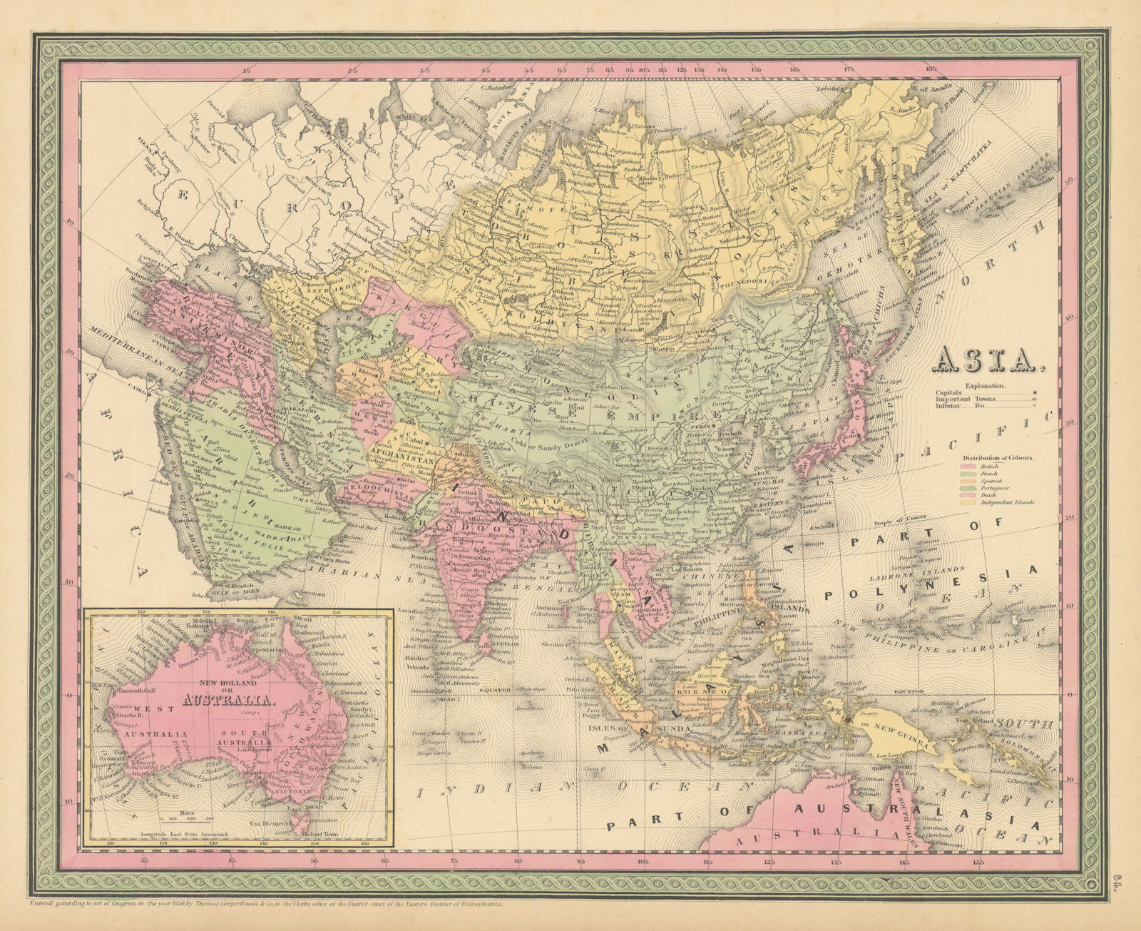 Asia & New Holland or Australia. Hindoostan. THOMAS, COWPERTHWAIT 1852 old map