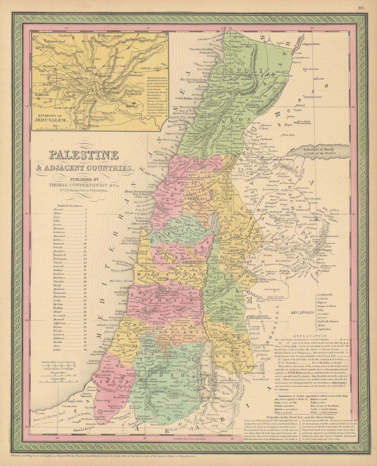Palestine & adjacent countires. Israel Lebanon Jordan. COWPERTHWAIT 1852 map