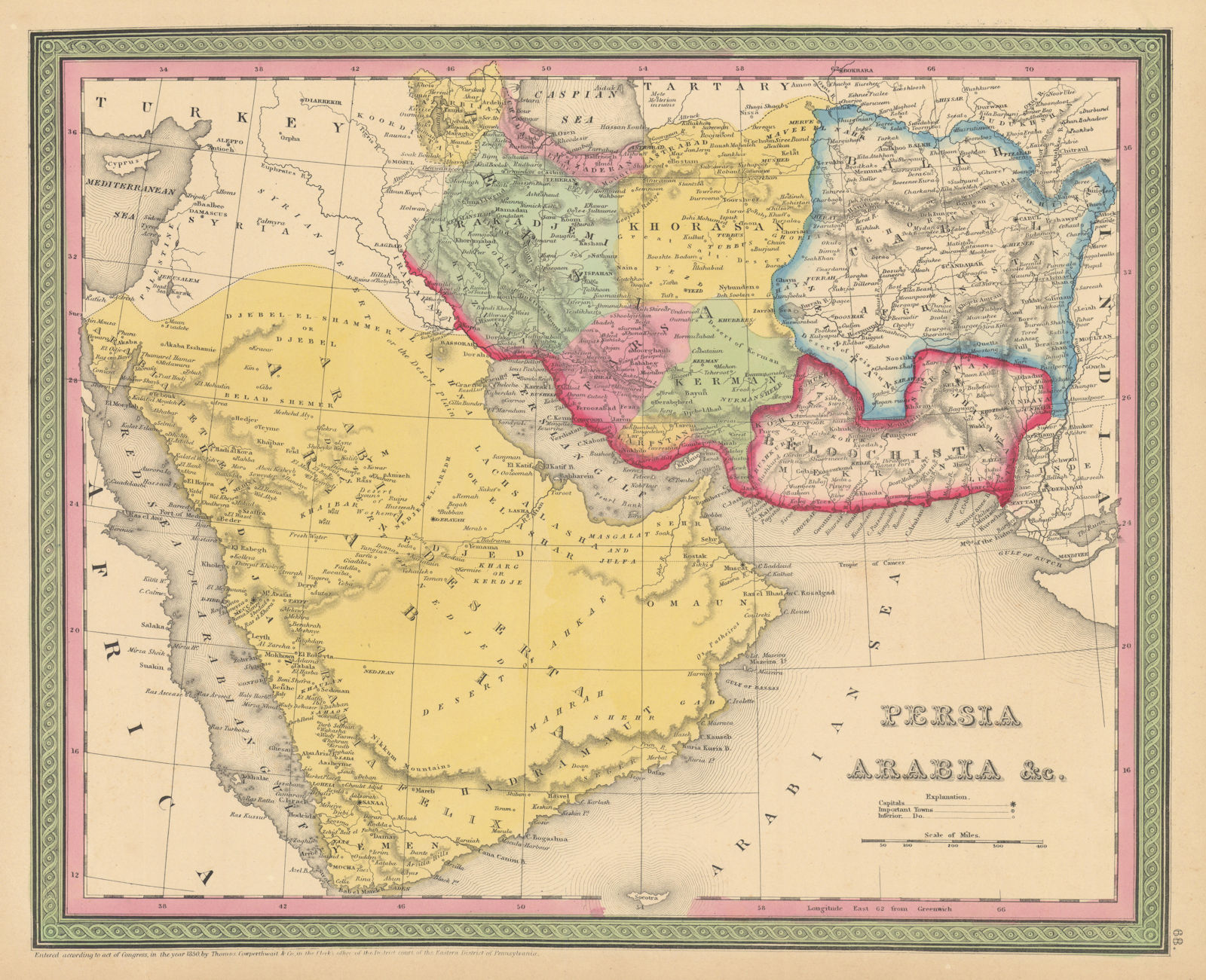 Persia, Arabia &c. SW Asia Iran Pakistan Afghanistan Graen COWPERTHWAIT 1852 map