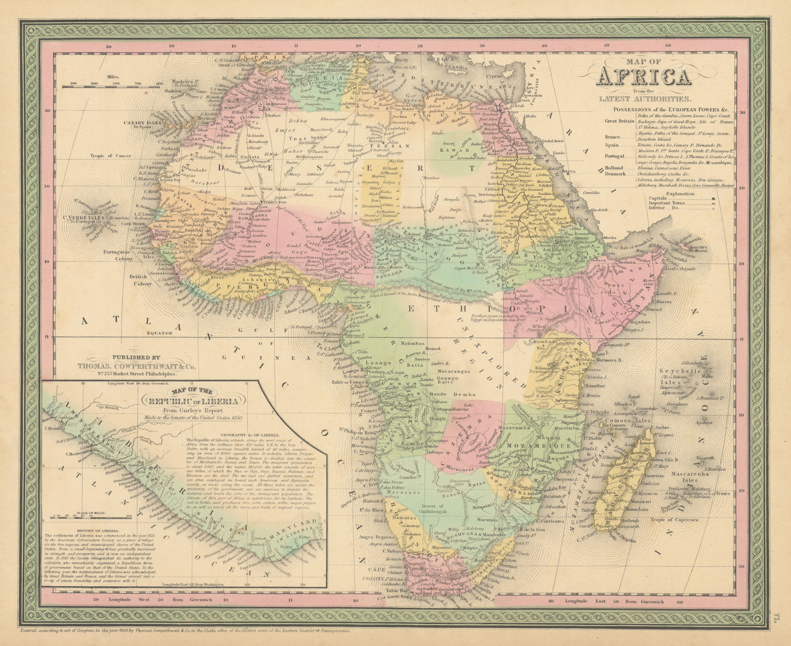 Africa. Republic of Liberia. Unexplored Region. THOMAS, COWPERTHWAIT 1852 map