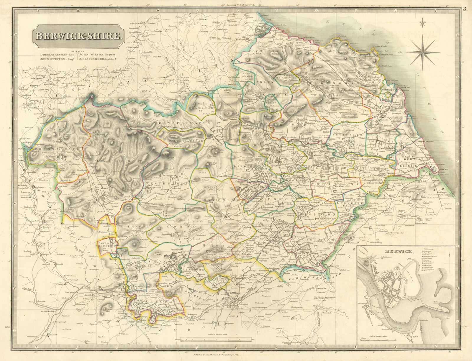 Berwickshire. B-upon-Tweed town plan. Duns Burnmouth Eyemouth. THOMSON 1832 map