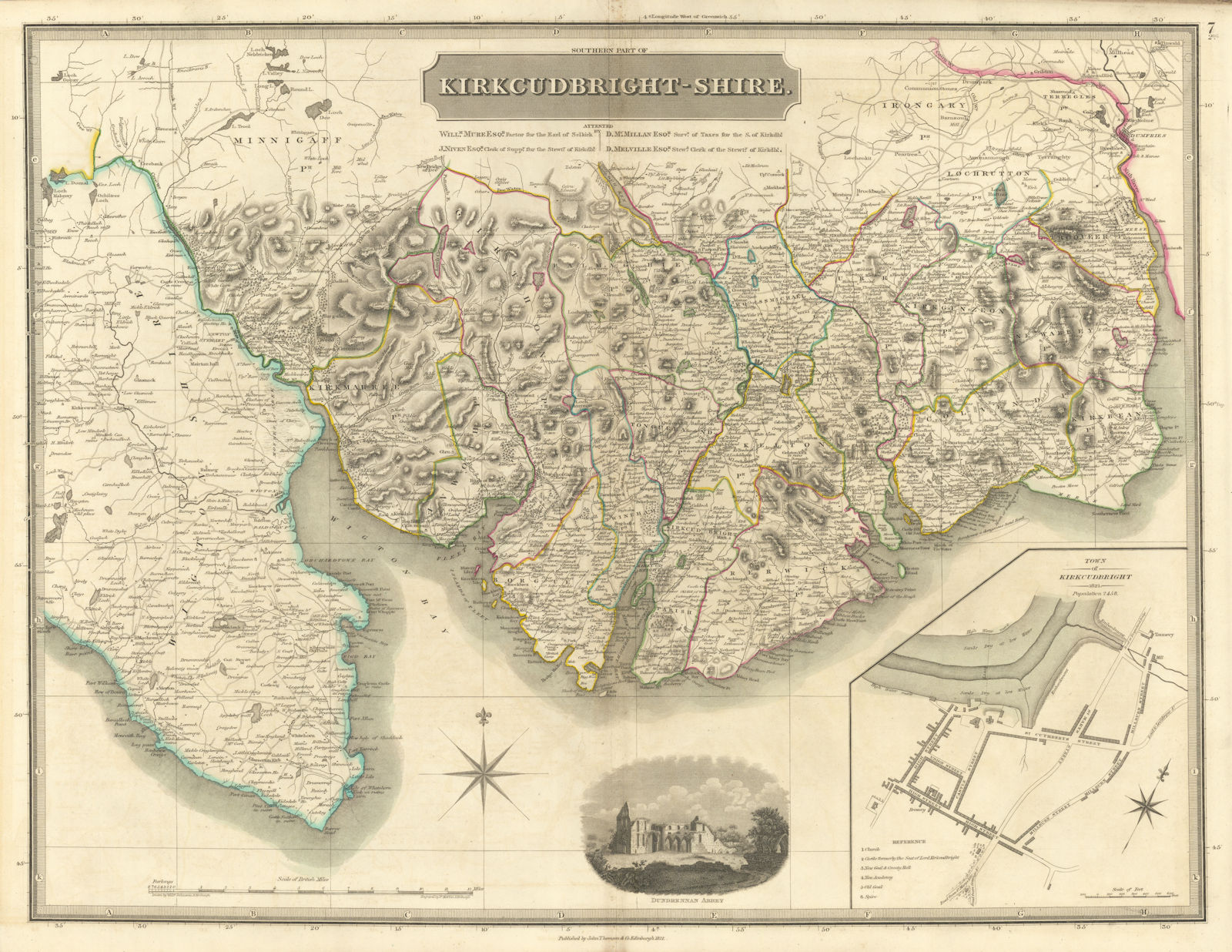 Kirkcudbright shire south & town plan. Wigtown Borgue Douglas. THOMSON 1832 map