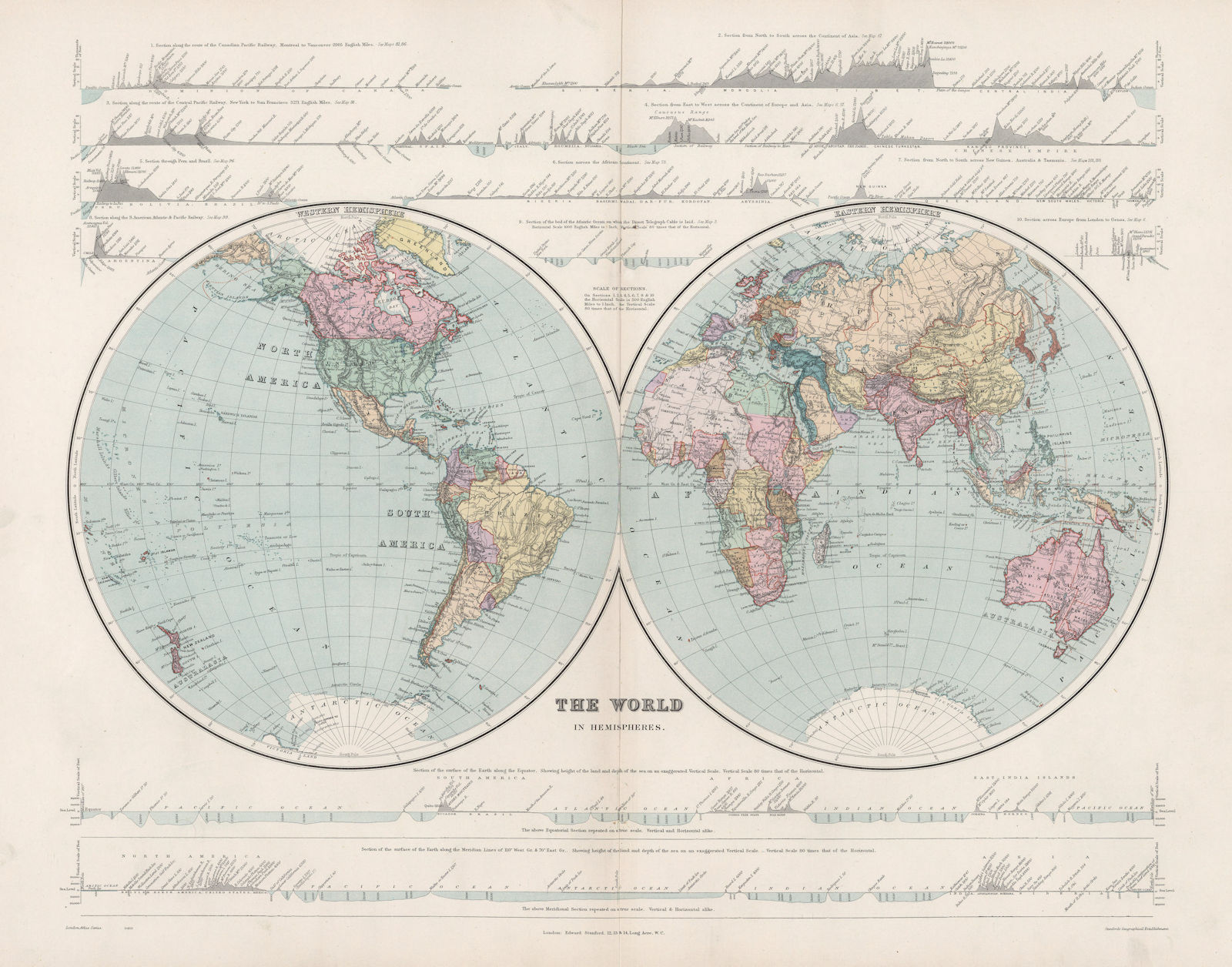 Associate Product World In Hemispheres with Continental sections. Large 61x49cm. STANFORD 1904 map