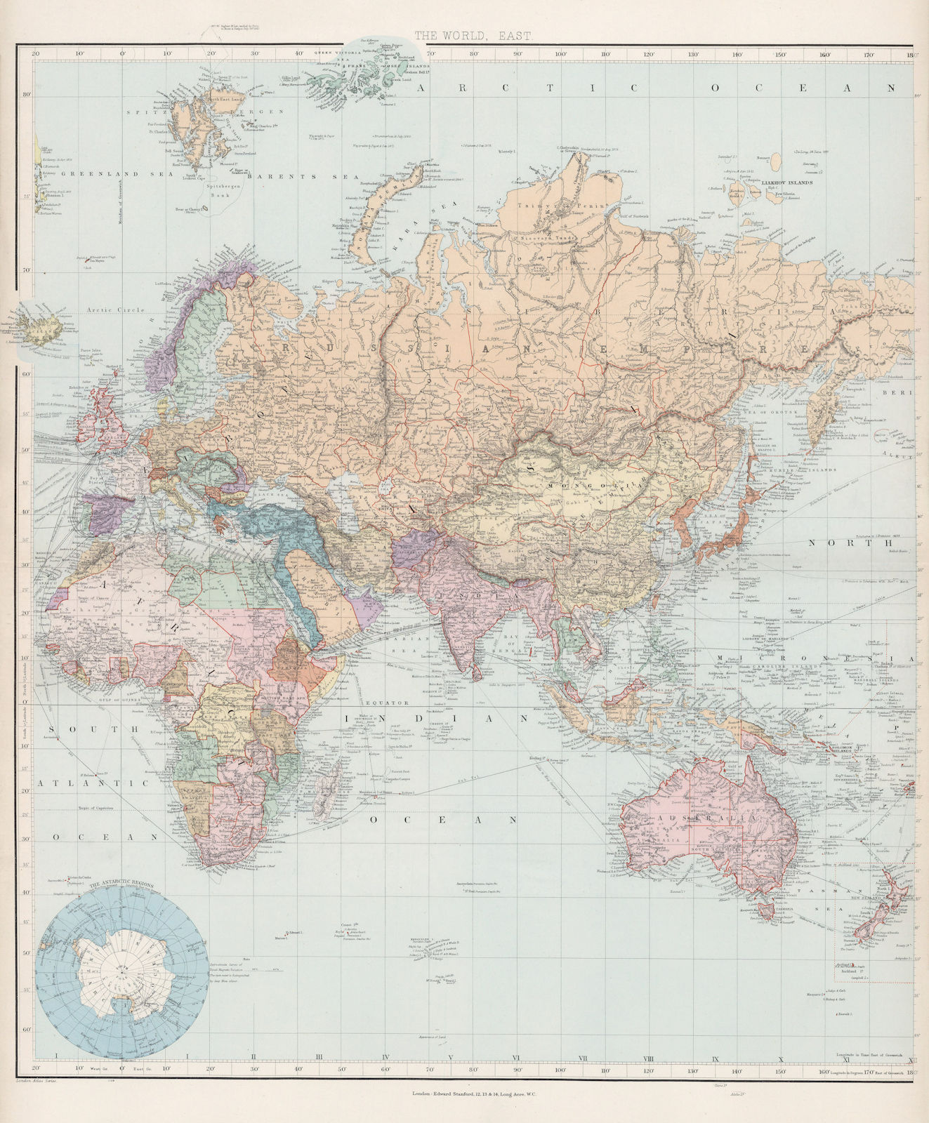 Associate Product World on Mercator's Projection. East sheet. Europe Asia Africa STANFORD 1904 map
