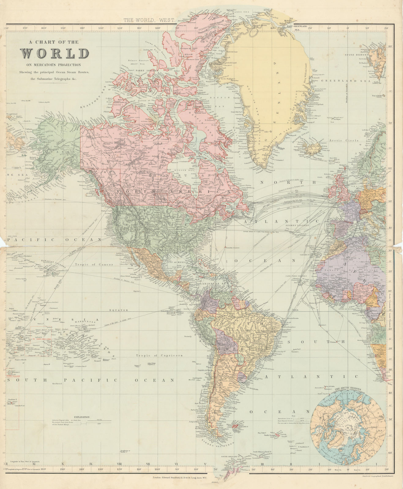 World on Mercator's Projection. West sheet. Americas. 67x55cm. STANFORD 1904 map