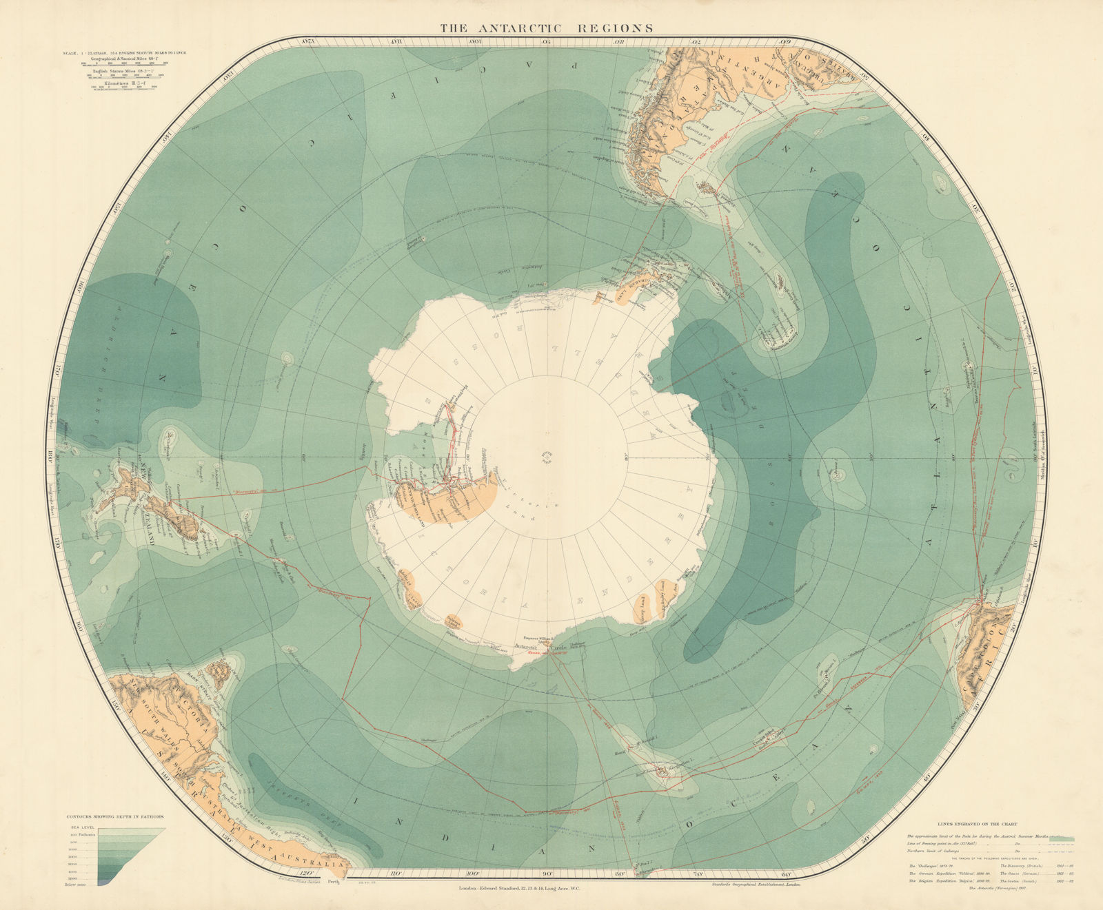 Antarctic Regions. South Pole. Discovery & Gauss routes. STANFORD 1904 old map