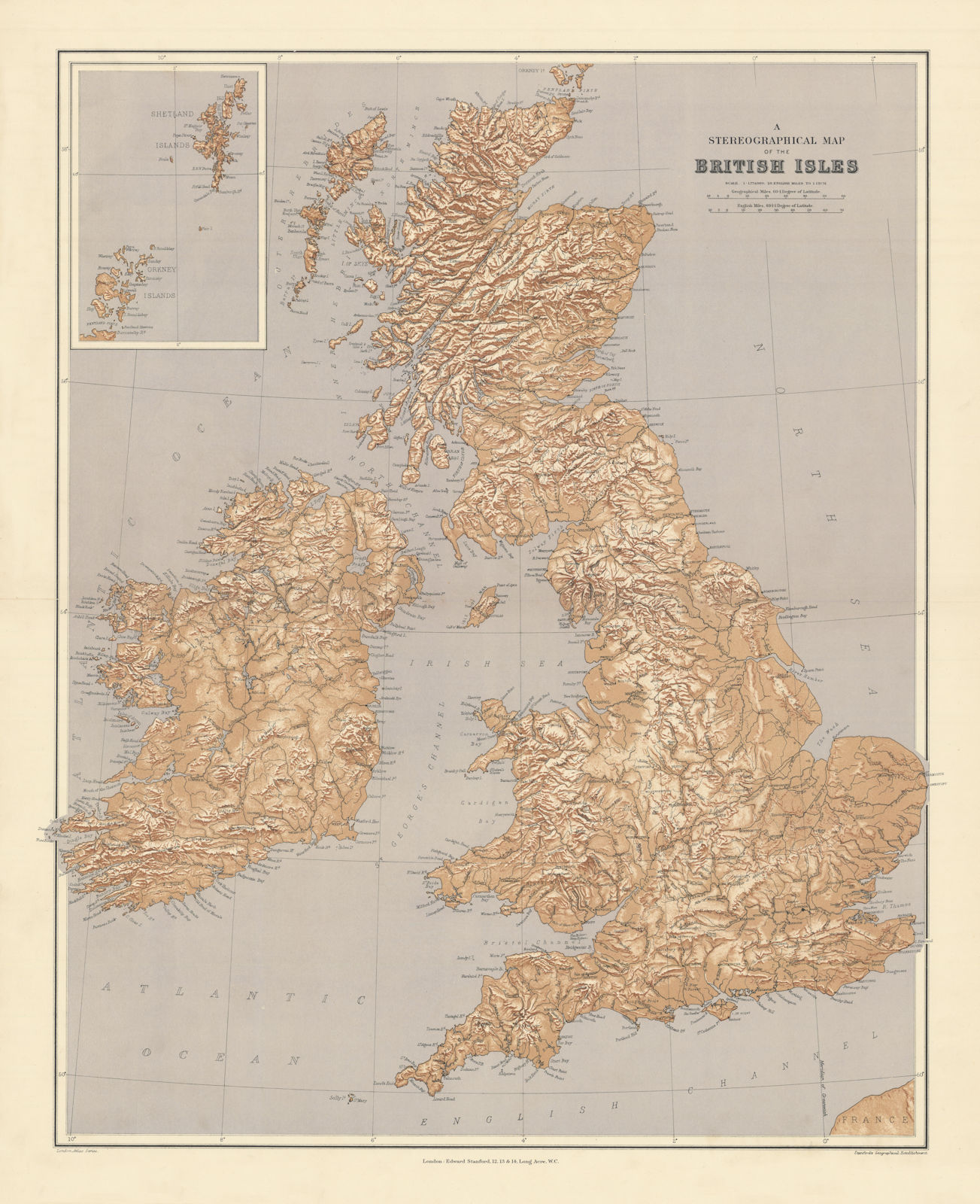 British Isles Stereographical. Mountains rivers. Large 65x52cm STANFORD 1904 map