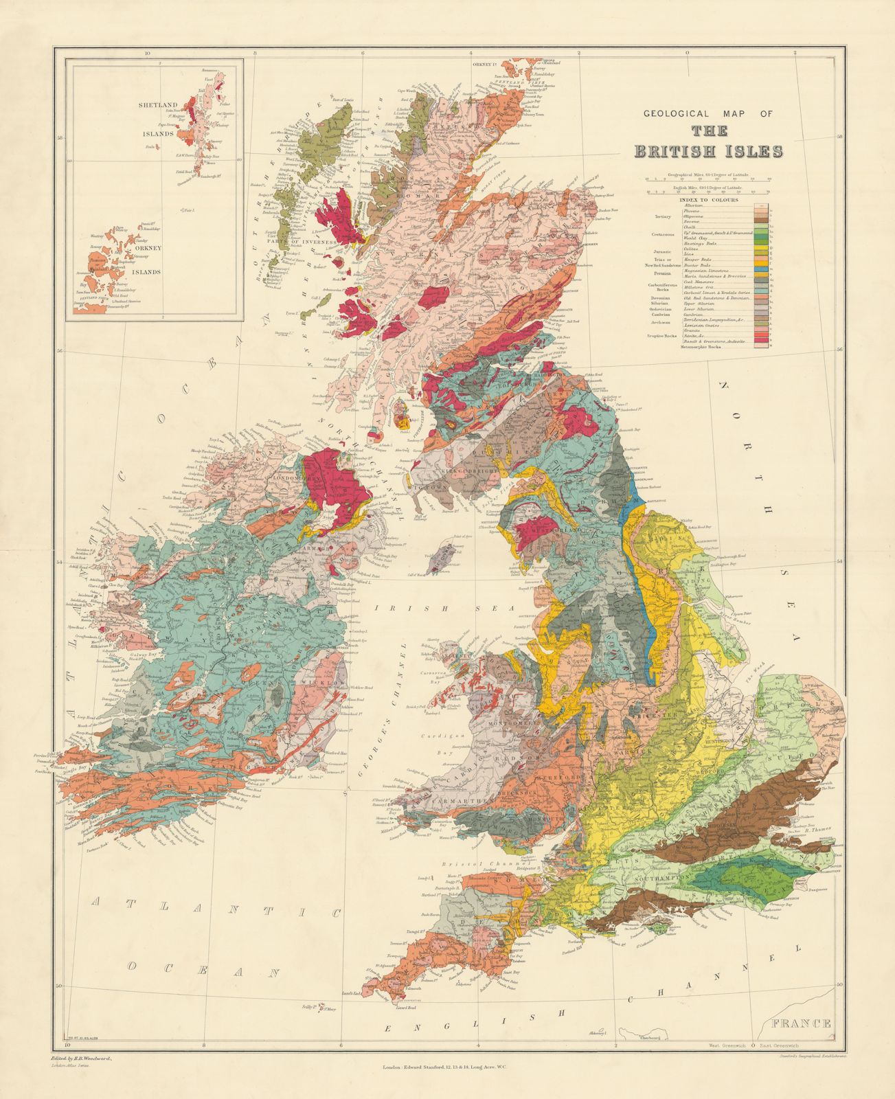 Geological Map of the British Isles. Large 66x53cm. STANFORD 1904 old