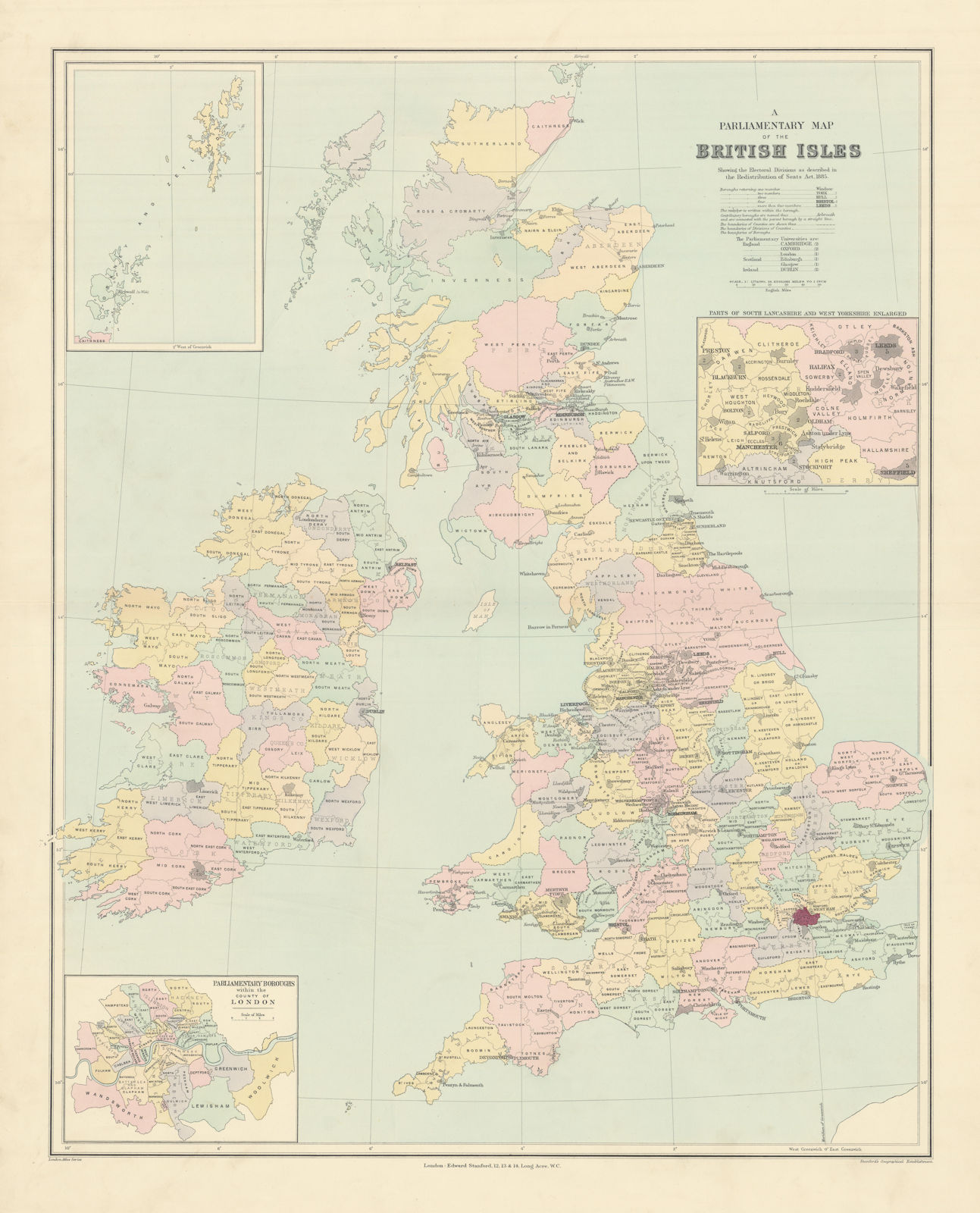 British Isles Parliamentary constituencies. Large 64x51cm. STANFORD 1904 map