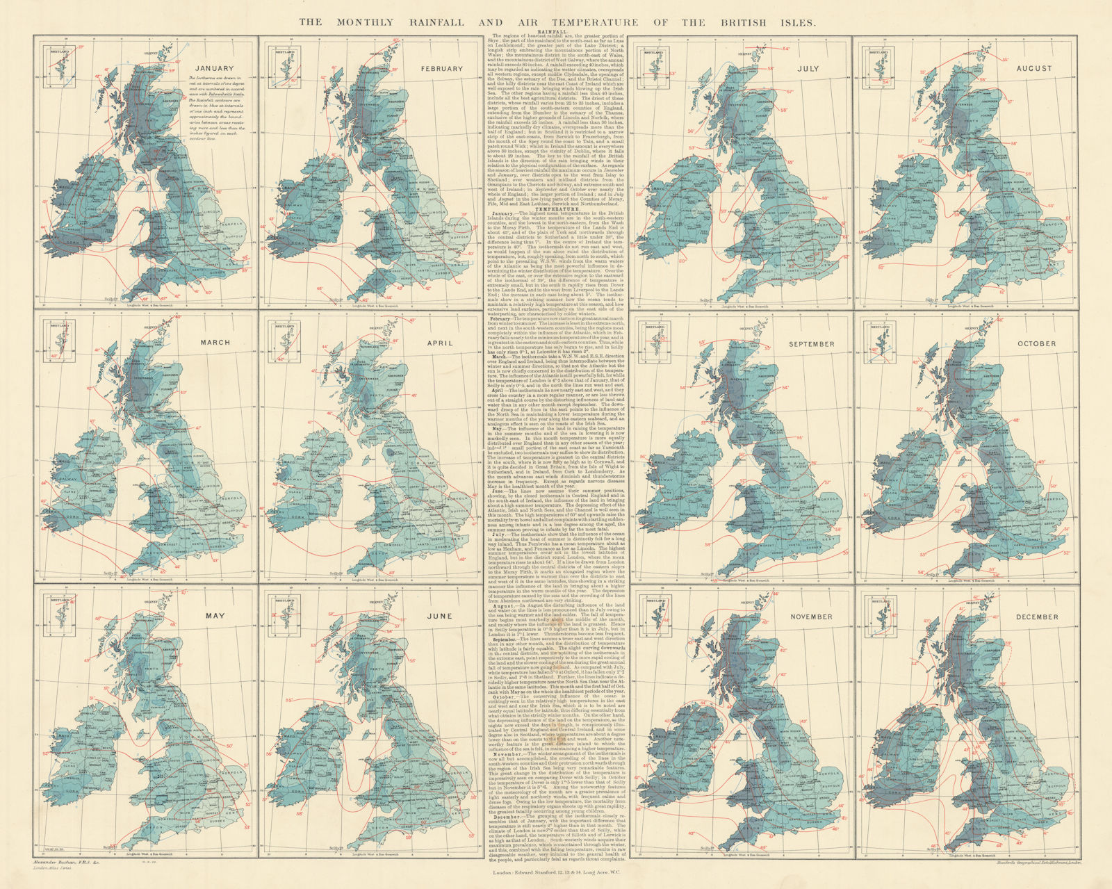 British Isles. Monthly rainfall & air temperature. 61x55cm. STANFORD 1904 map
