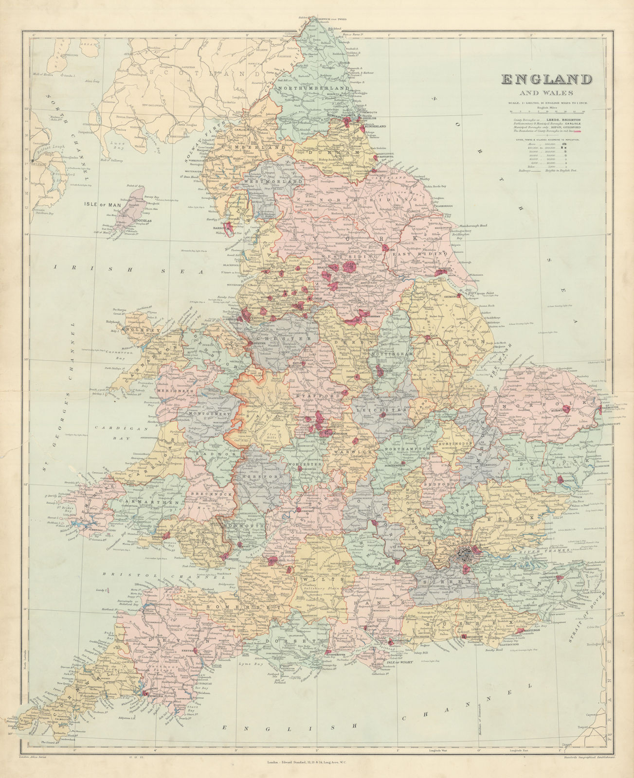 England and Wales in counties. Railways. Large 68x55cm. STANFORD 1904 old map