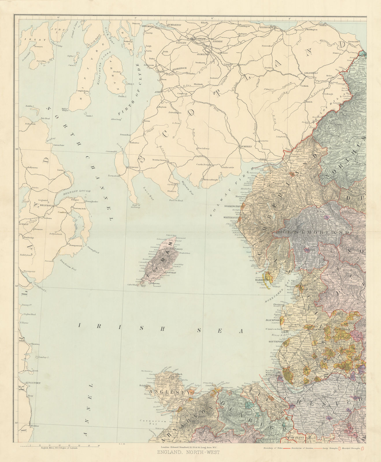 Associate Product North west England & North Wales. Isle of Man. Large 62x50cm. STANFORD 1904 map