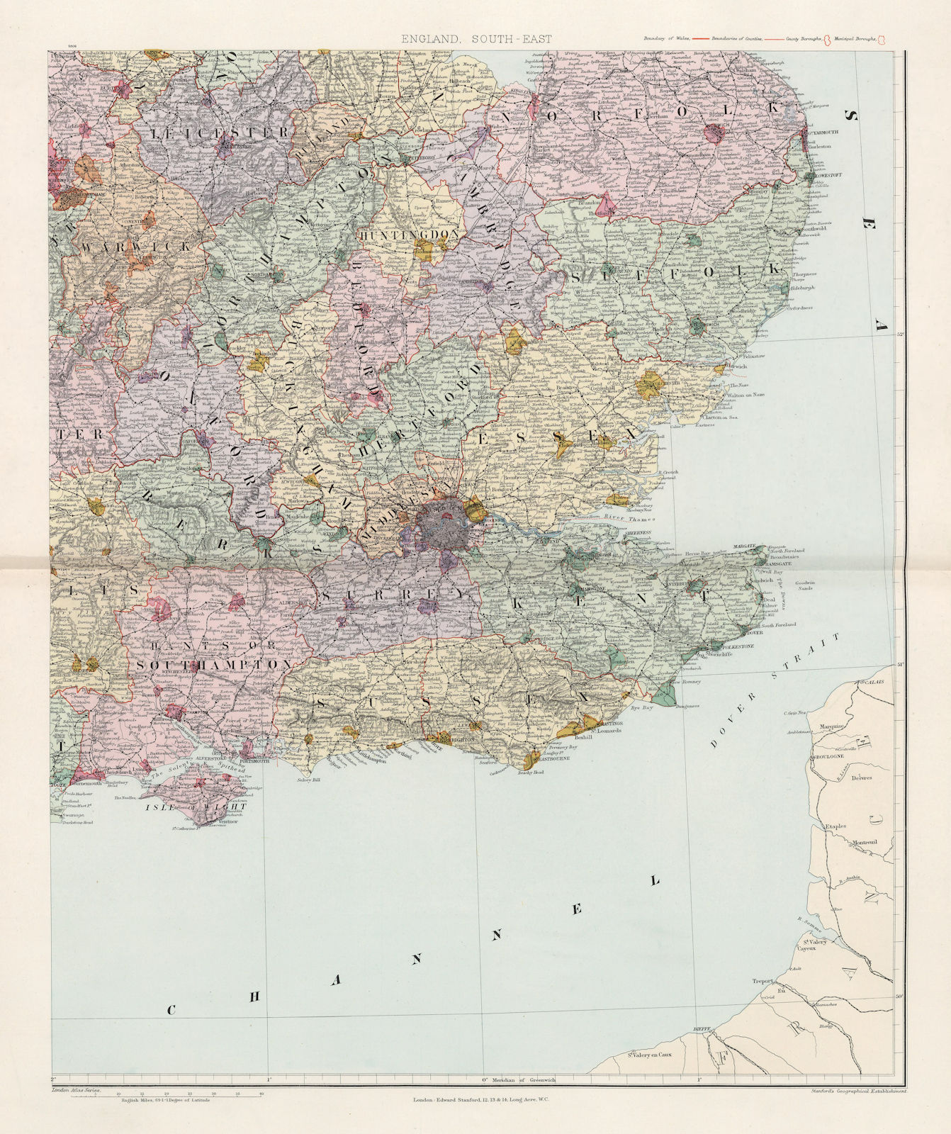 Associate Product South east England. Counties & boroughs. Large 62x50cm. STANFORD 1904 old map