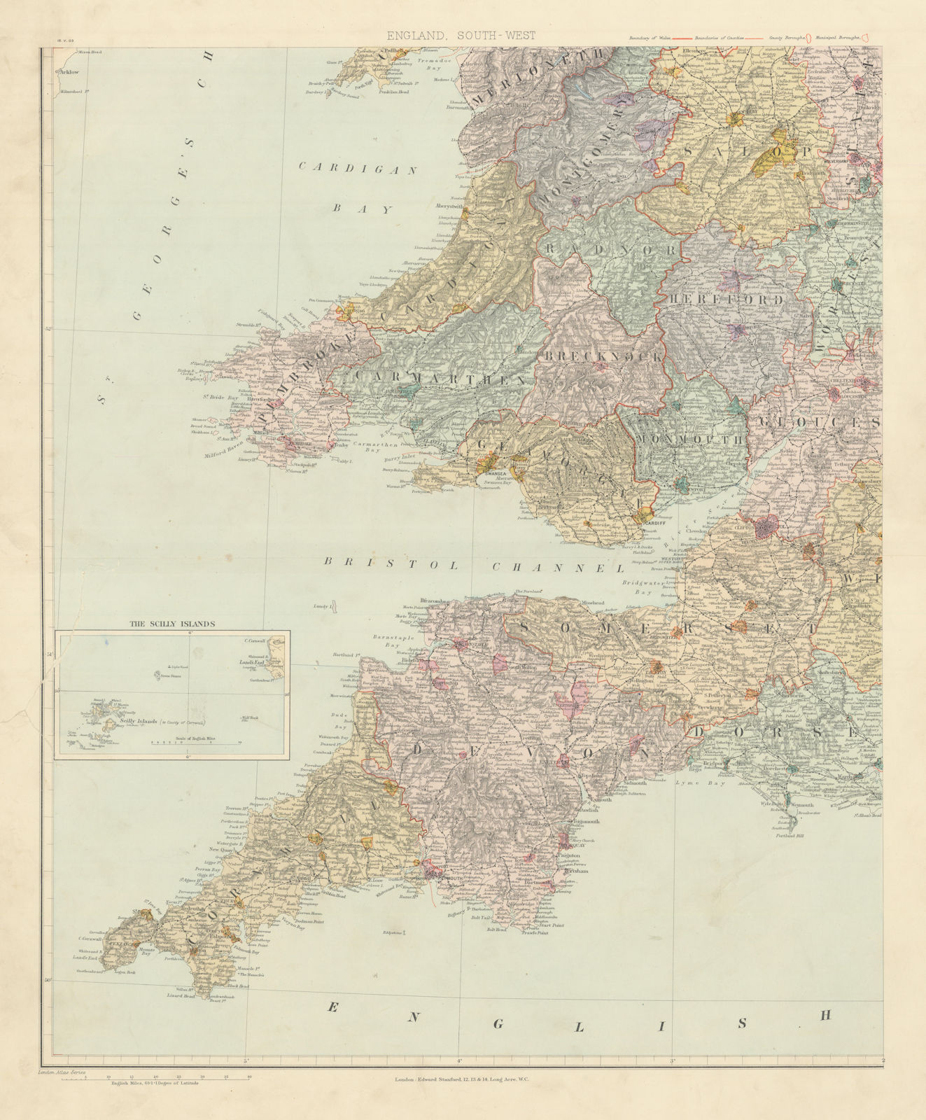 Associate Product South Wales & S. West England. Devon Cornwall Somerset 62x51cm STANFORD 1904 map