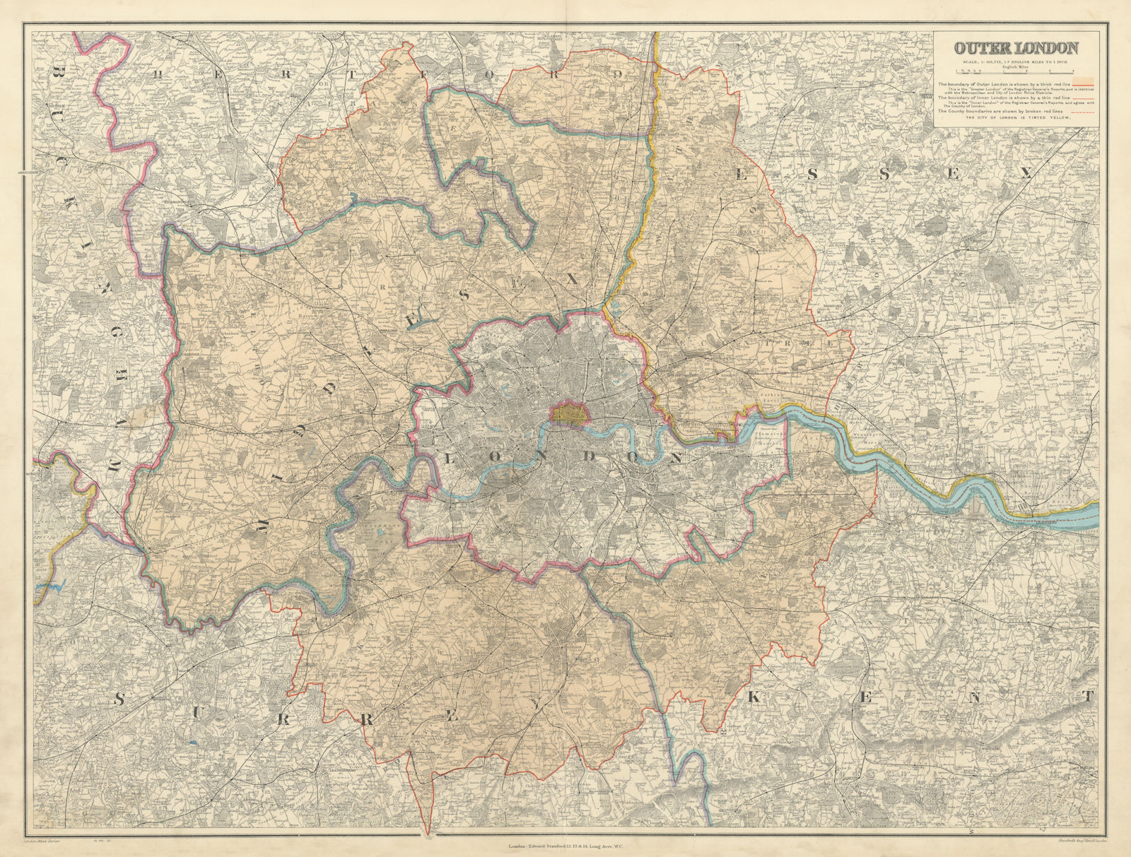Outer [Greater] London. Metropolitan Police Area. 54x72cm. STANFORD 1904 map