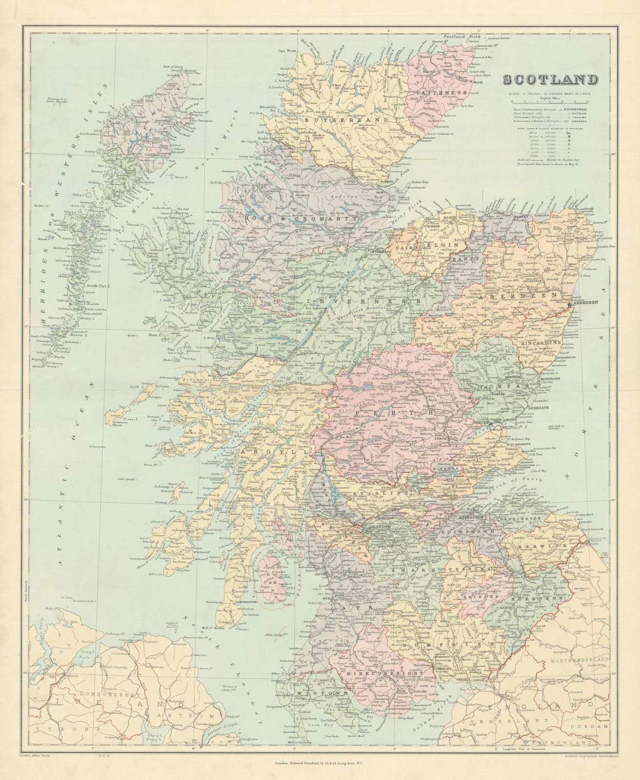 Associate Product Scotland. Counties & railways. Large 66x54cm. STANFORD 1904 old antique map