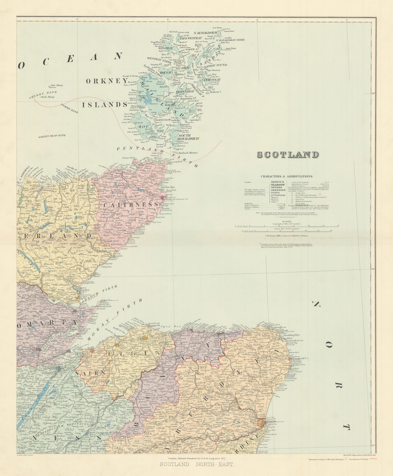 Scotland N.E. Orkney Cathiness Banff Elgin Aberdeen Sutherland STANFORD 1904 map