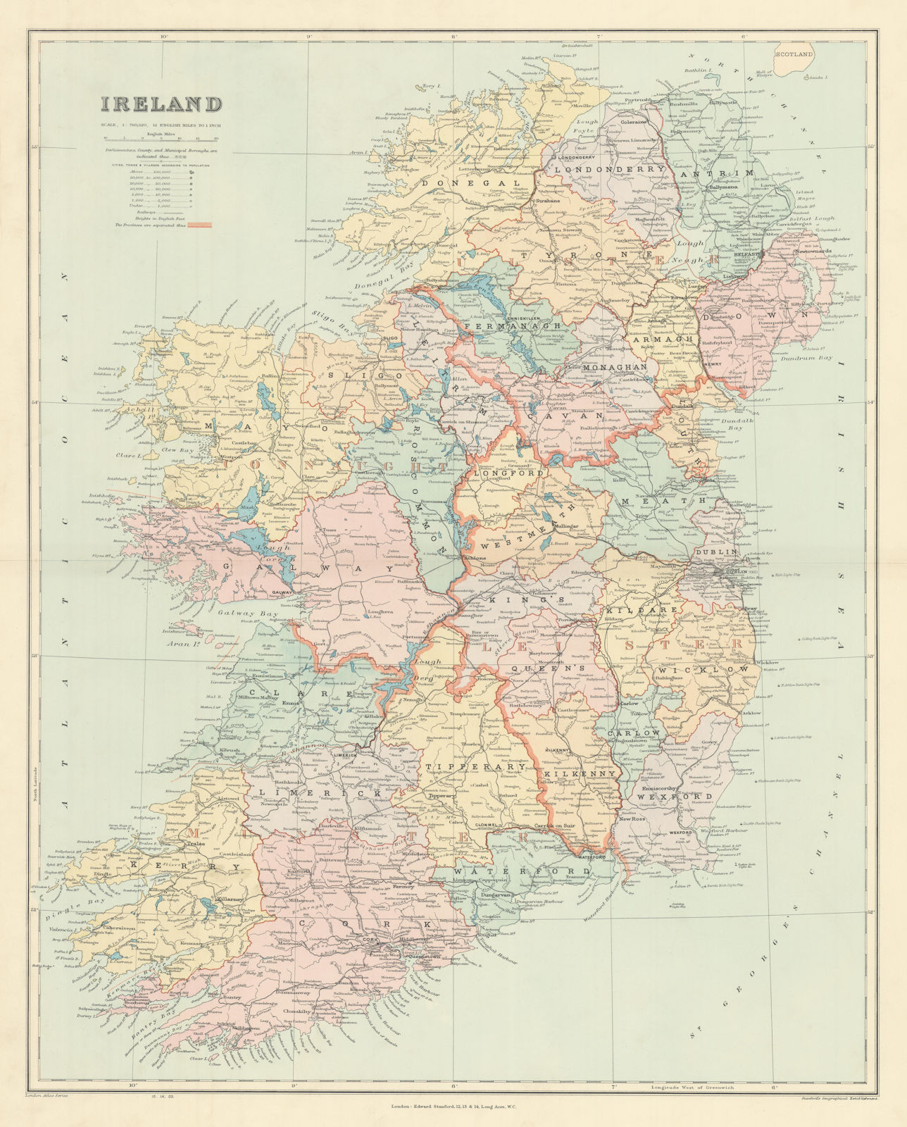 Ireland. Counties, railways & provinces. Large 64x52cm. STANFORD 1904 old map