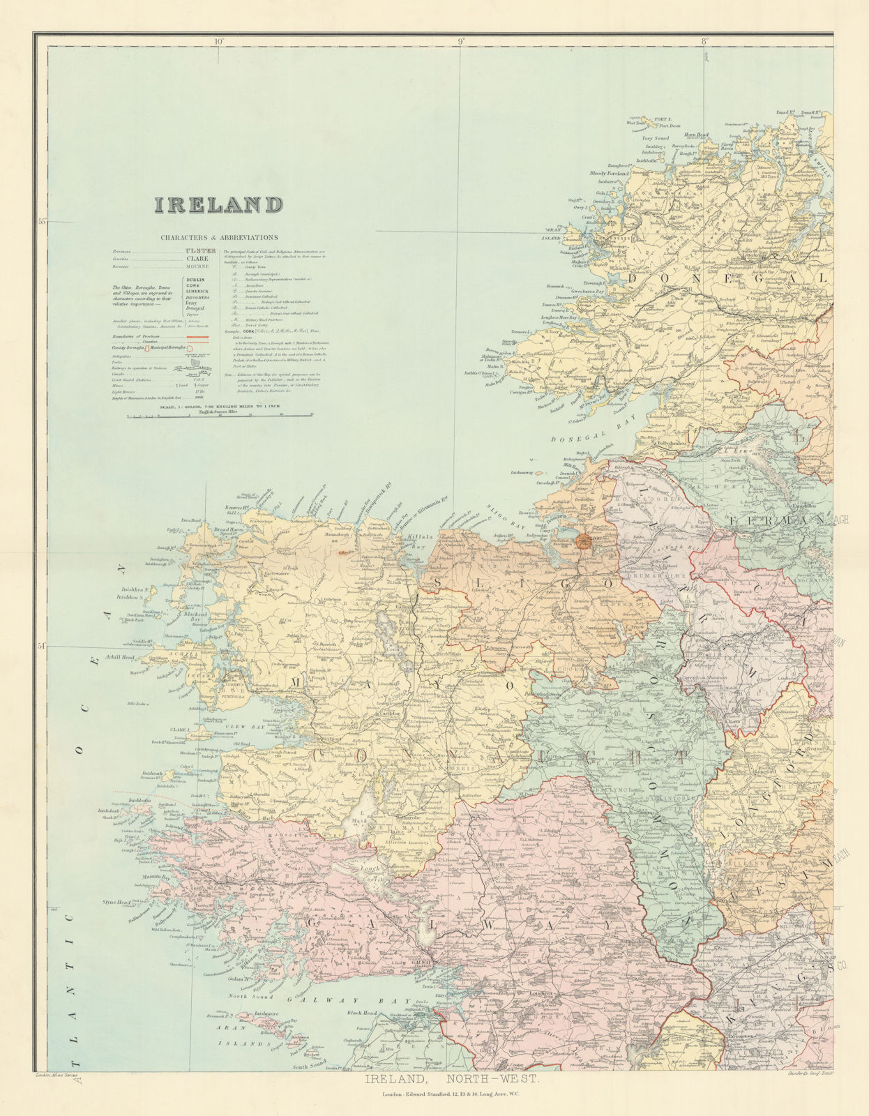 Ireland north-west. Connacht Mayo Galway Roscommon Leitrim. STANFORD 1904 map