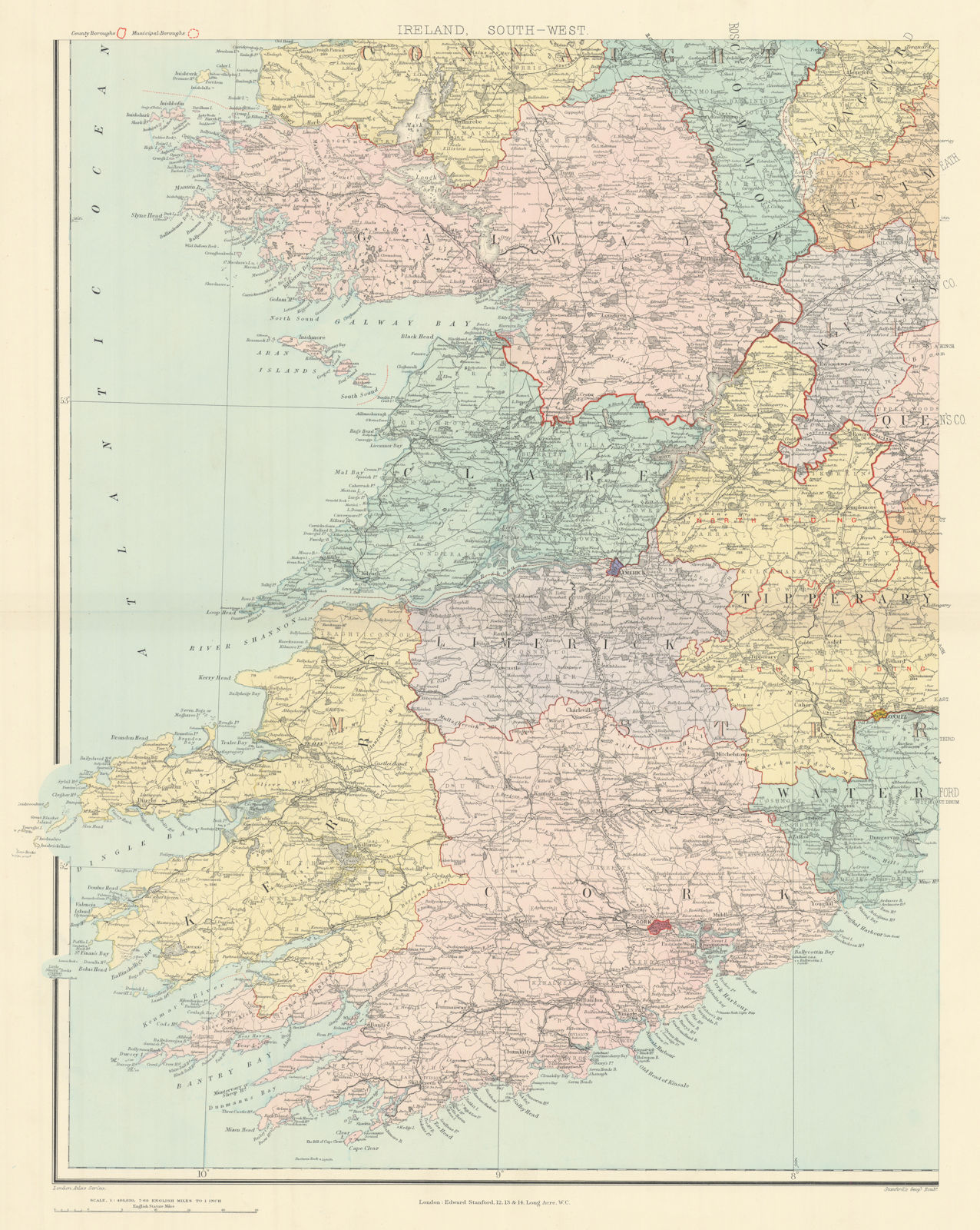 Ireland south-west Munster Kerry Limerick Cork Clare Limerick. STANFORD 1904 map