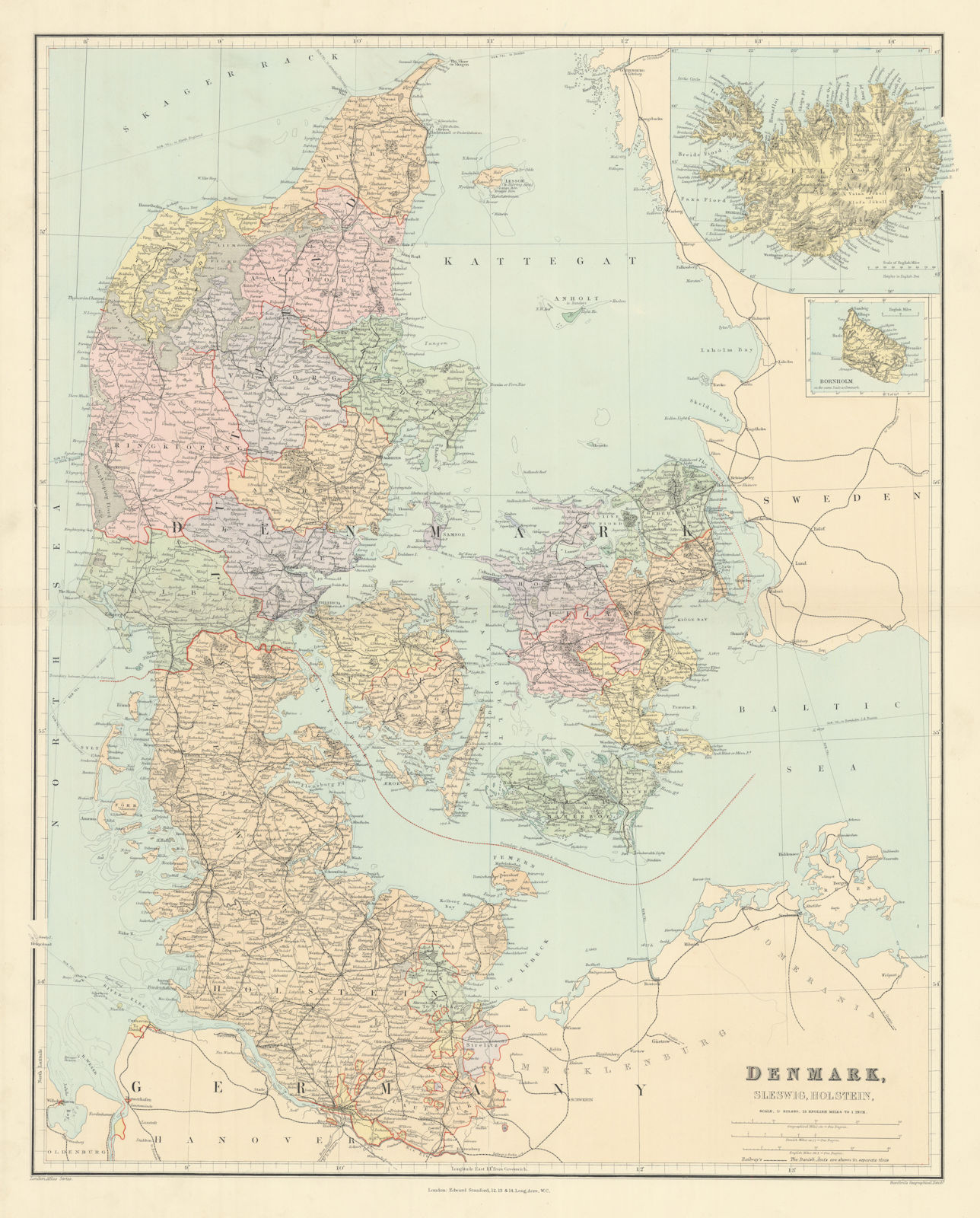 Denmark, Schleswig & Holstein. Iceland Bornholm. Large 66x52cm STANFORD 1904 map