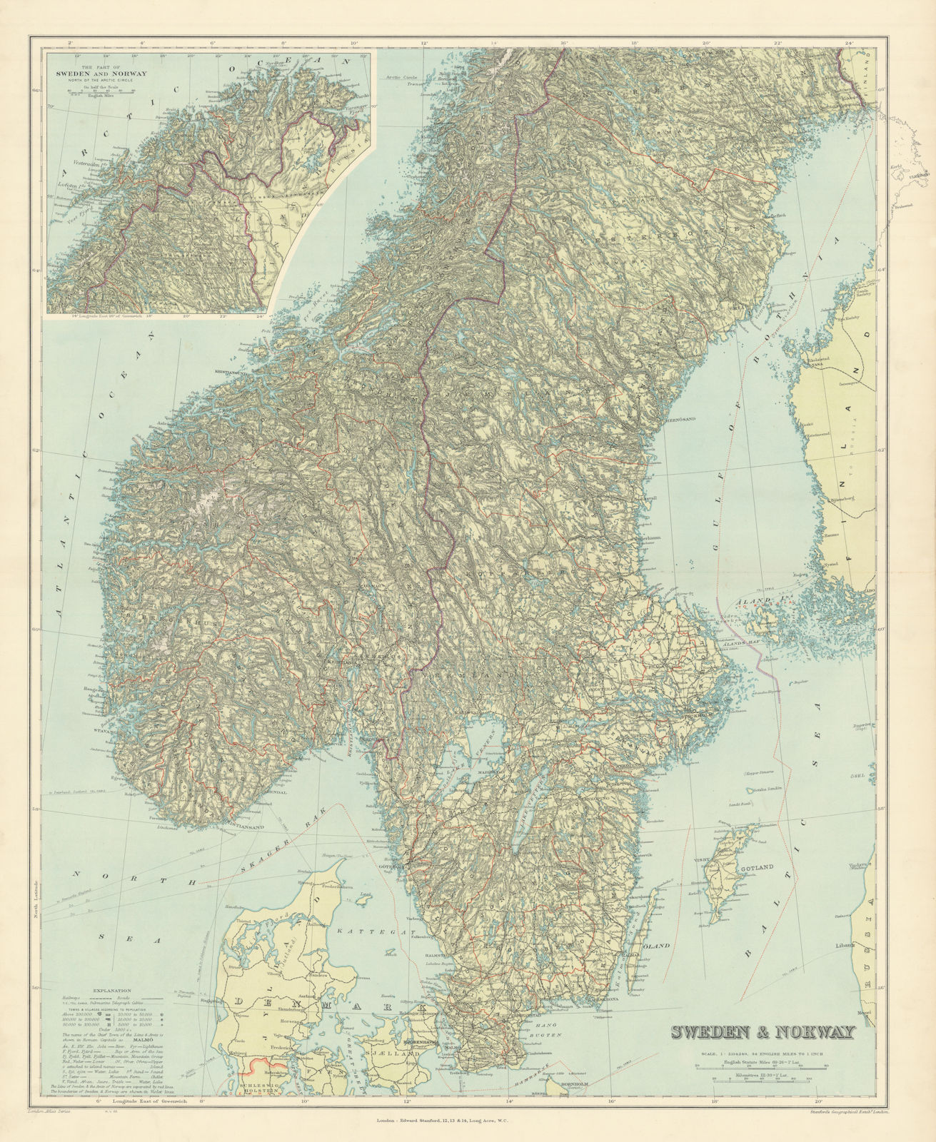 Scandinavia physical mountains fjords glaciers. Sweden Norway. STANFORD 1904 map