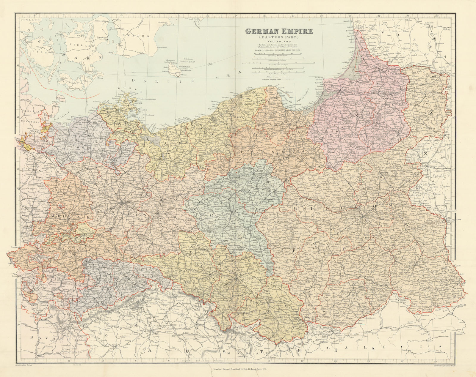 Associate Product German Empire (eastern part) and Poland. Large 66x52cm. STANFORD 1904 old map