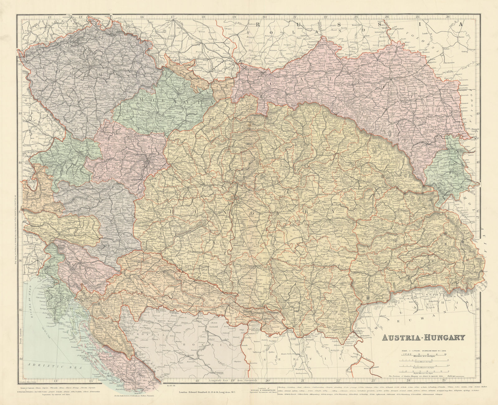 Austria-Hungary. Croatia Czechia Bohemia Galicia Transylvania. STANFORD 1904 map