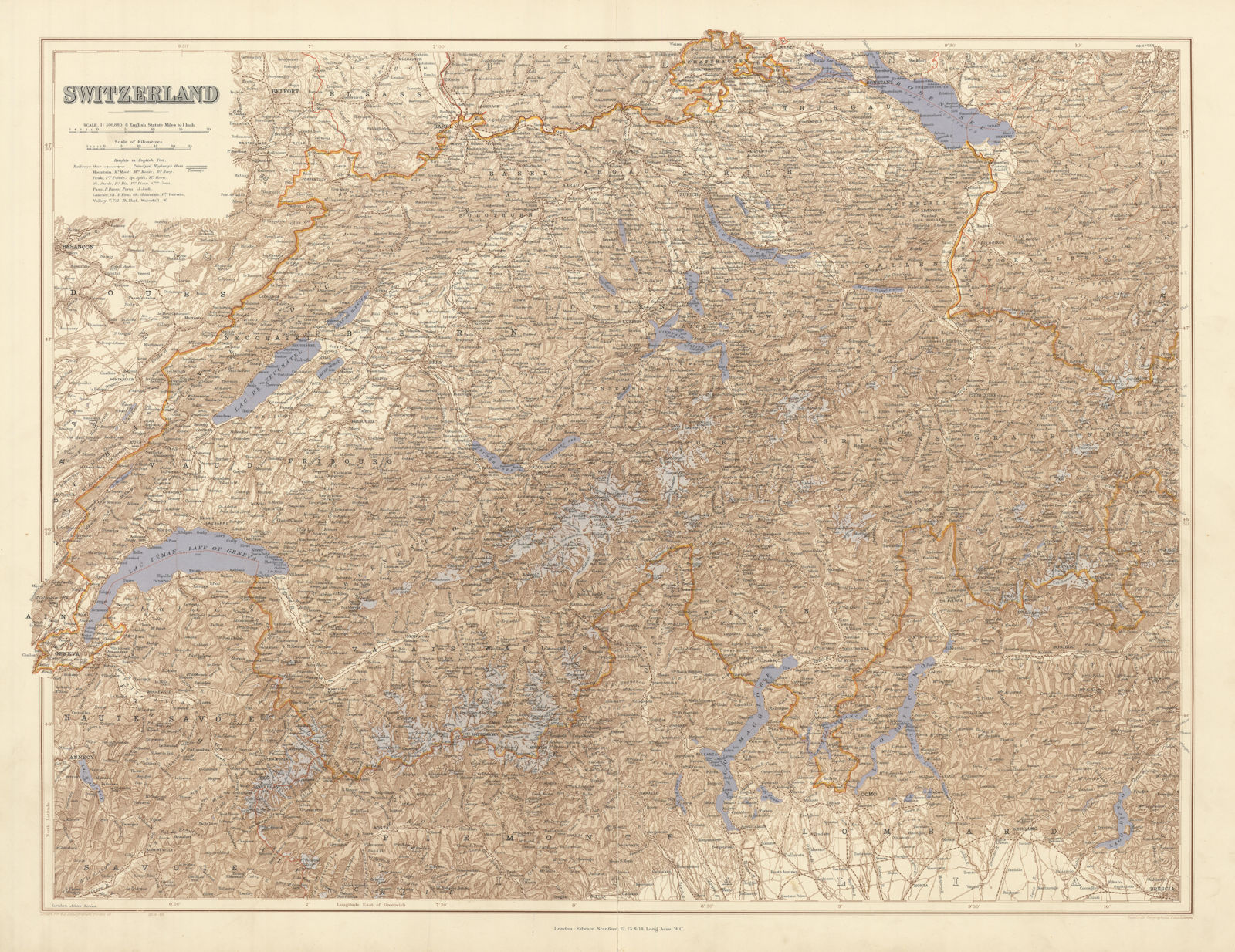 Switzerland & the Alps. Haute Savoie. Italian Lakes. Aosta. STANFORD 1904 map