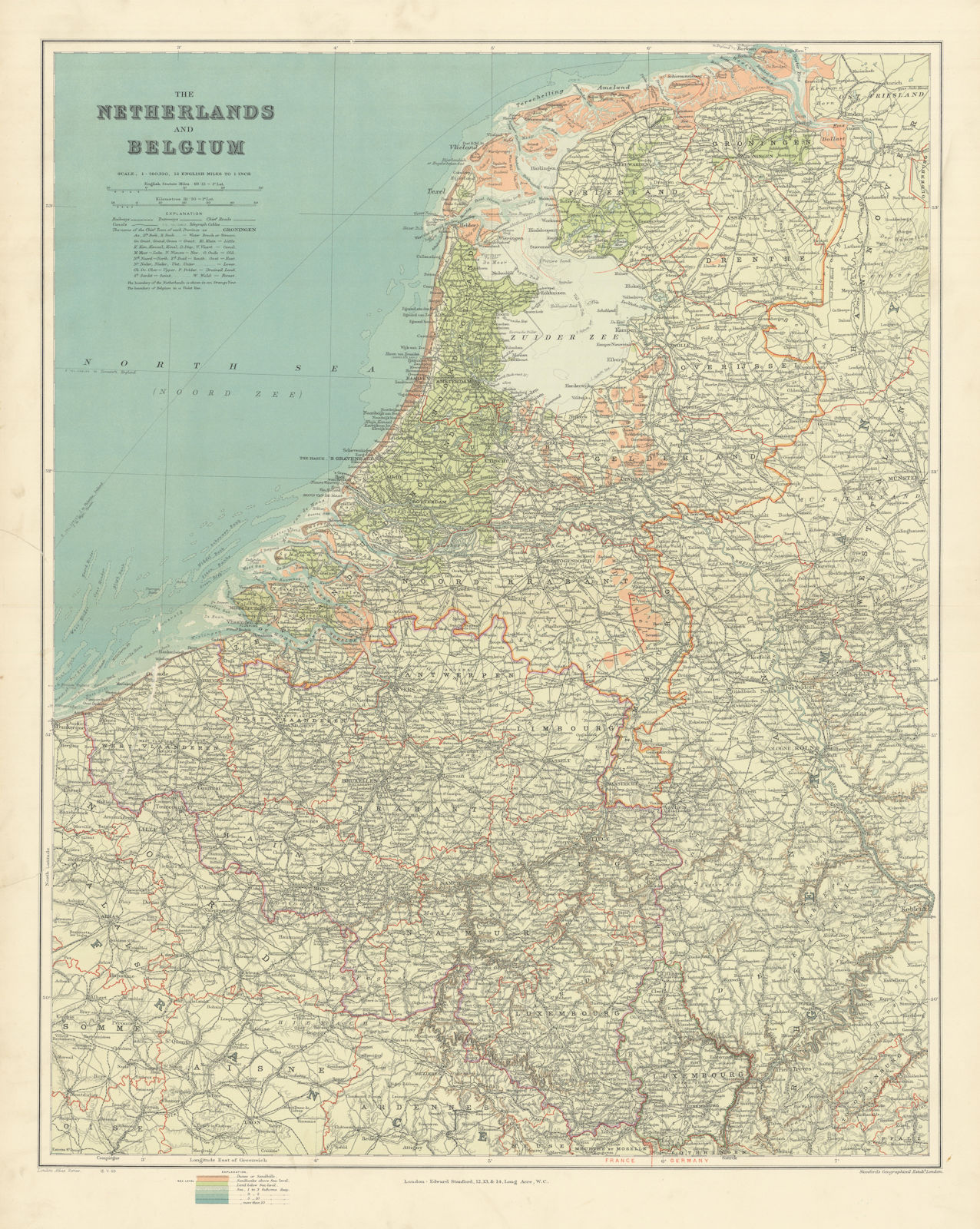 Netherlands & Belgium. Benelux. Projected Great Dyke. 68x54cm. STANFORD 1904 map